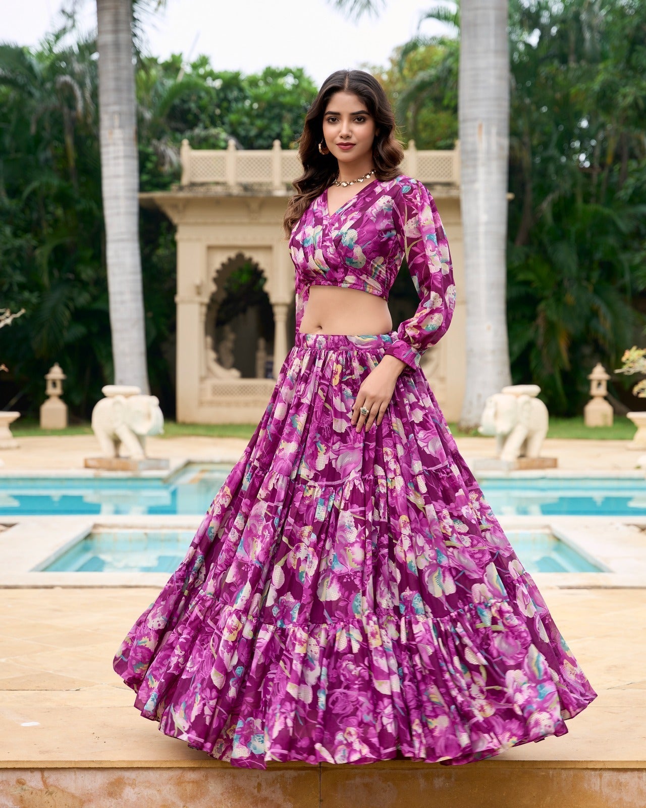 Stunning Georgette Floral Digital Printed Lehenga With Stitched Blouse - Ethnicwish