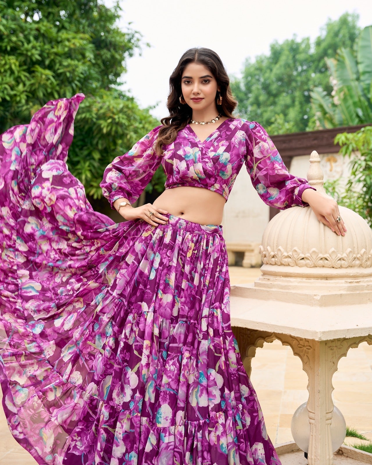Stunning Georgette Floral Digital Printed Lehenga With Stitched Blouse - Ethnicwish