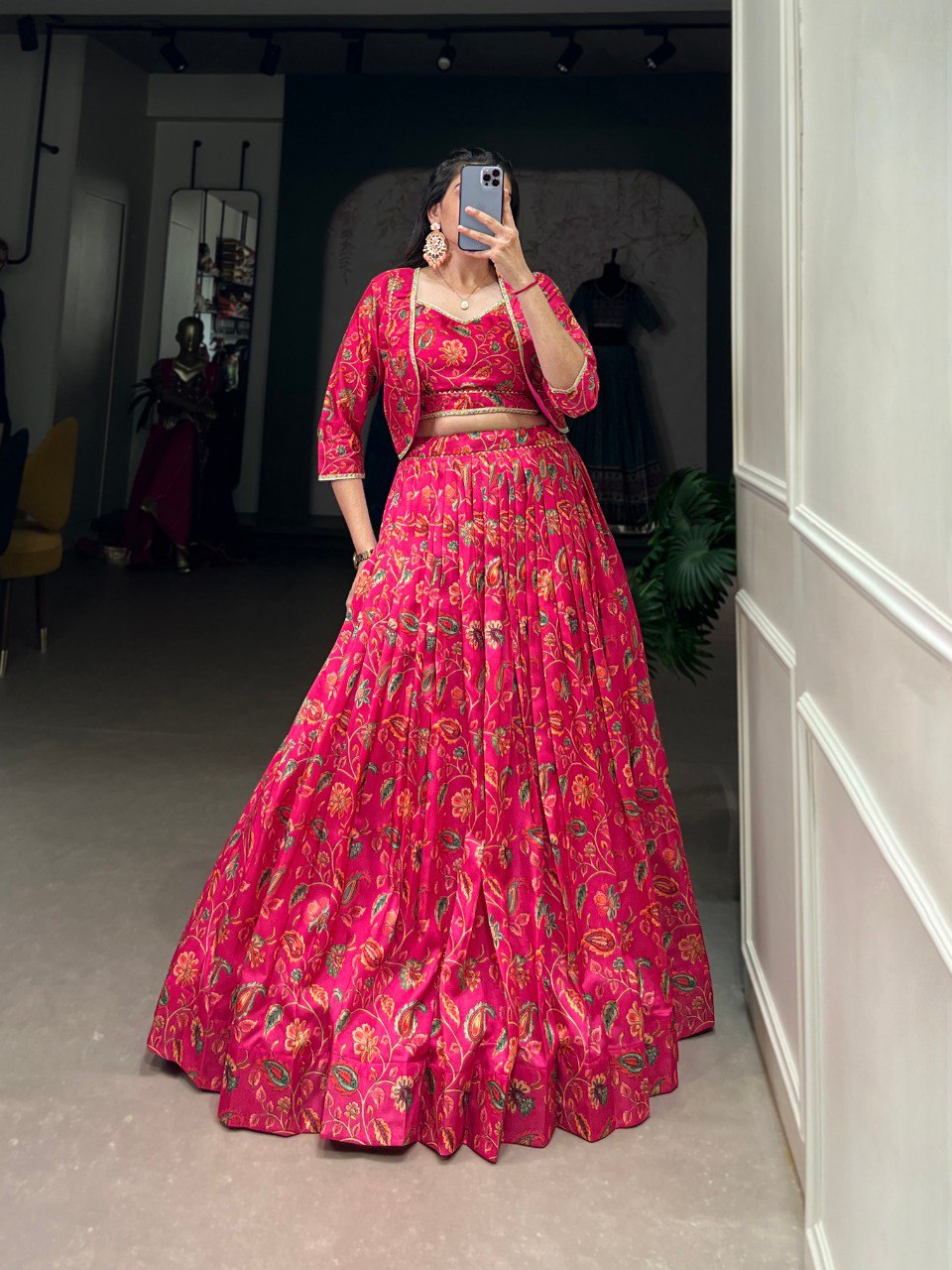 Elegant Pink Floral Printed Gotta Patti Worked Lehenga Blouse Koti Set - Ethnicwish