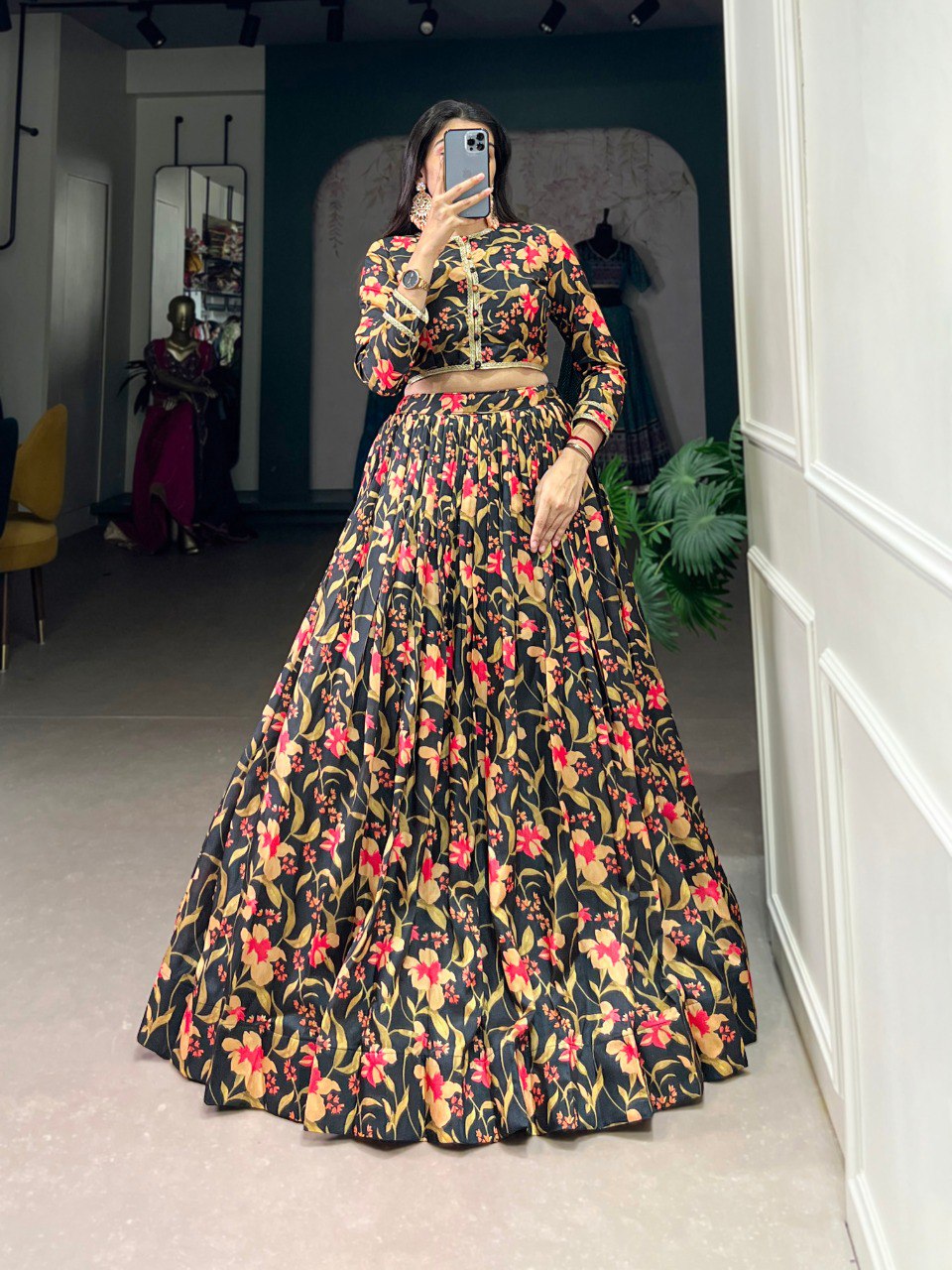 Spellbinding Tussar Silk Floral Lehenga With Stitched Blouse - Ethnicwish