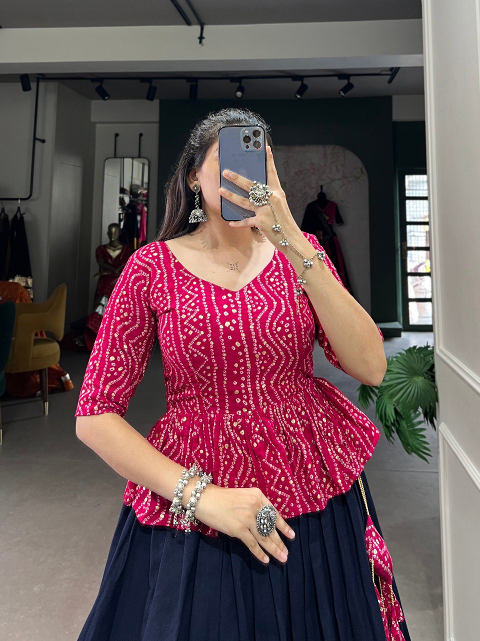 Stylish Navy Blue Pure Cotton Gota Patti Worked Lehenga Blouse Set - Ethnicwish