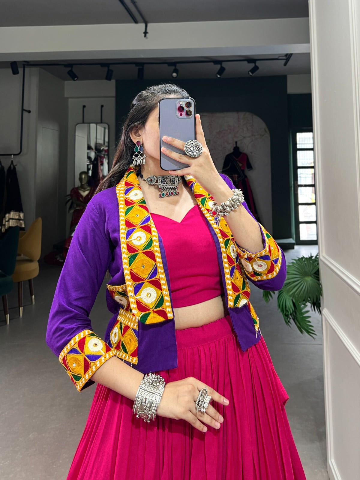 Ravishing Pure Rayon Gamthi Worked Navaratri Wear Lehenga Blouse Koti Set - Ethnicwish