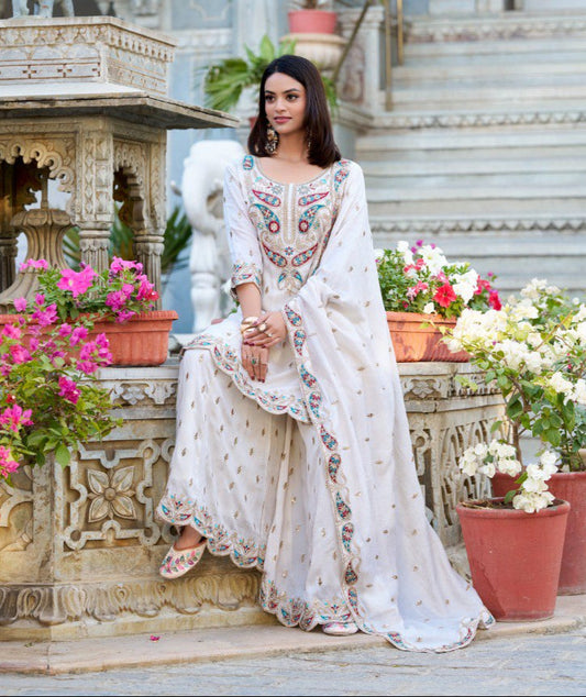 Spellbinding White Vichitra Silk Sequins Thread Worked Top Sharara Suit - Ethnicwish