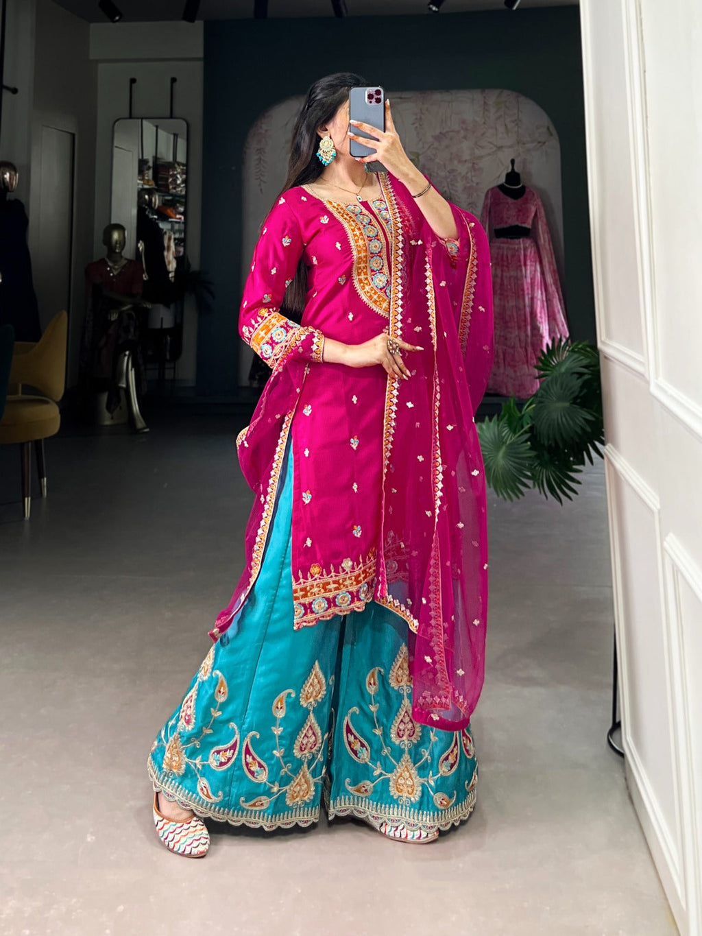 Exquisite Pink Silk Sequins Thread Worked Top Sharara Suit - Ethnicwish