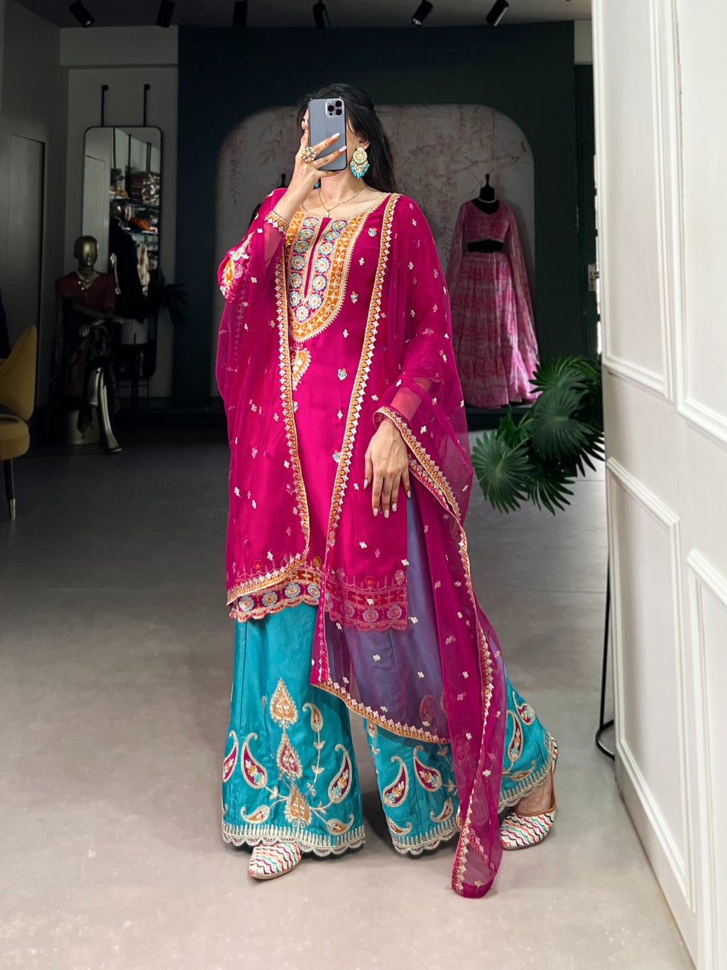 Exquisite Pink Silk Sequins Thread Worked Top Sharara Suit - Ethnicwish