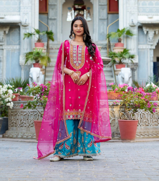 Exquisite Pink Silk Sequins Thread Worked Top Sharara Suit - Ethnicwish