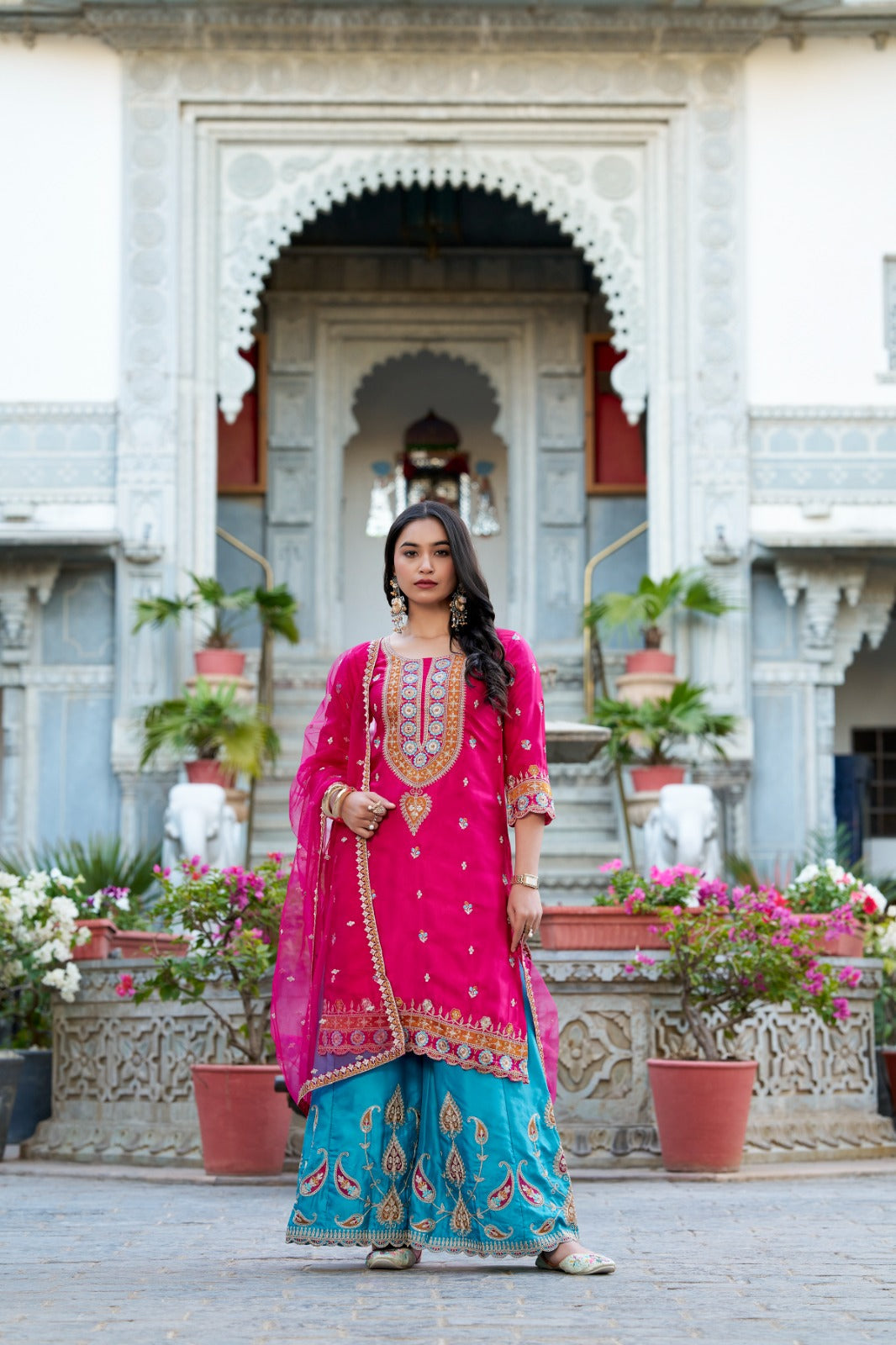 Exquisite Pink Silk Sequins Thread Worked Top Sharara Suit - Ethnicwish