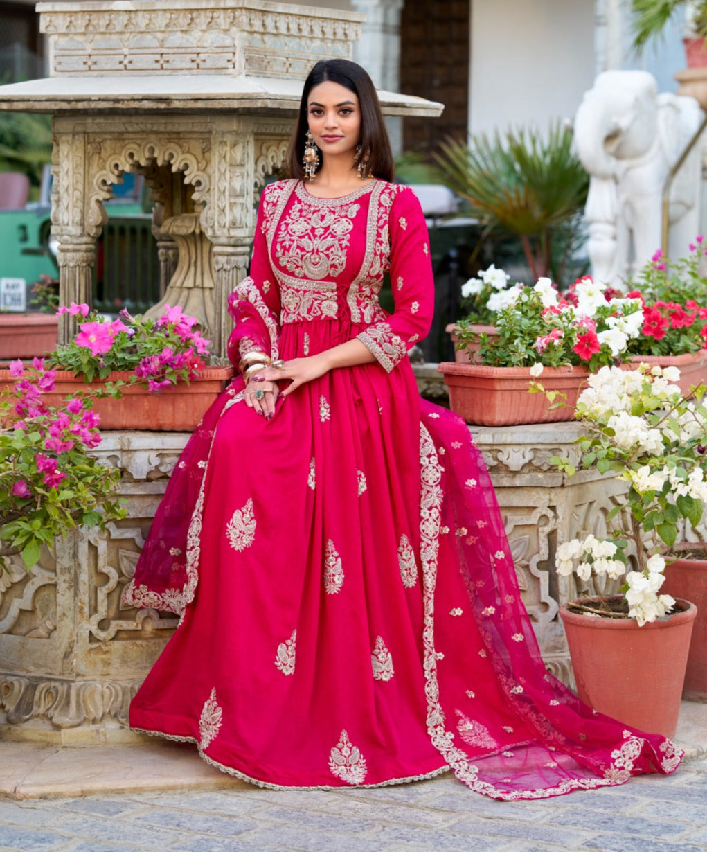 Enchanting Pink Vichitra Silk Thread Embroidered Gown With Dupatta - ETHNICDEAL