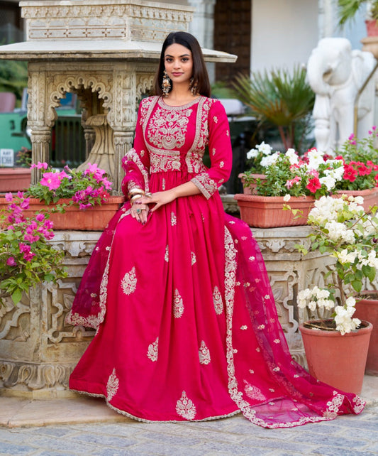 Enchanting Pink Vichitra Silk Thread Embroidered Gown With Dupatta - ETHNICDEAL