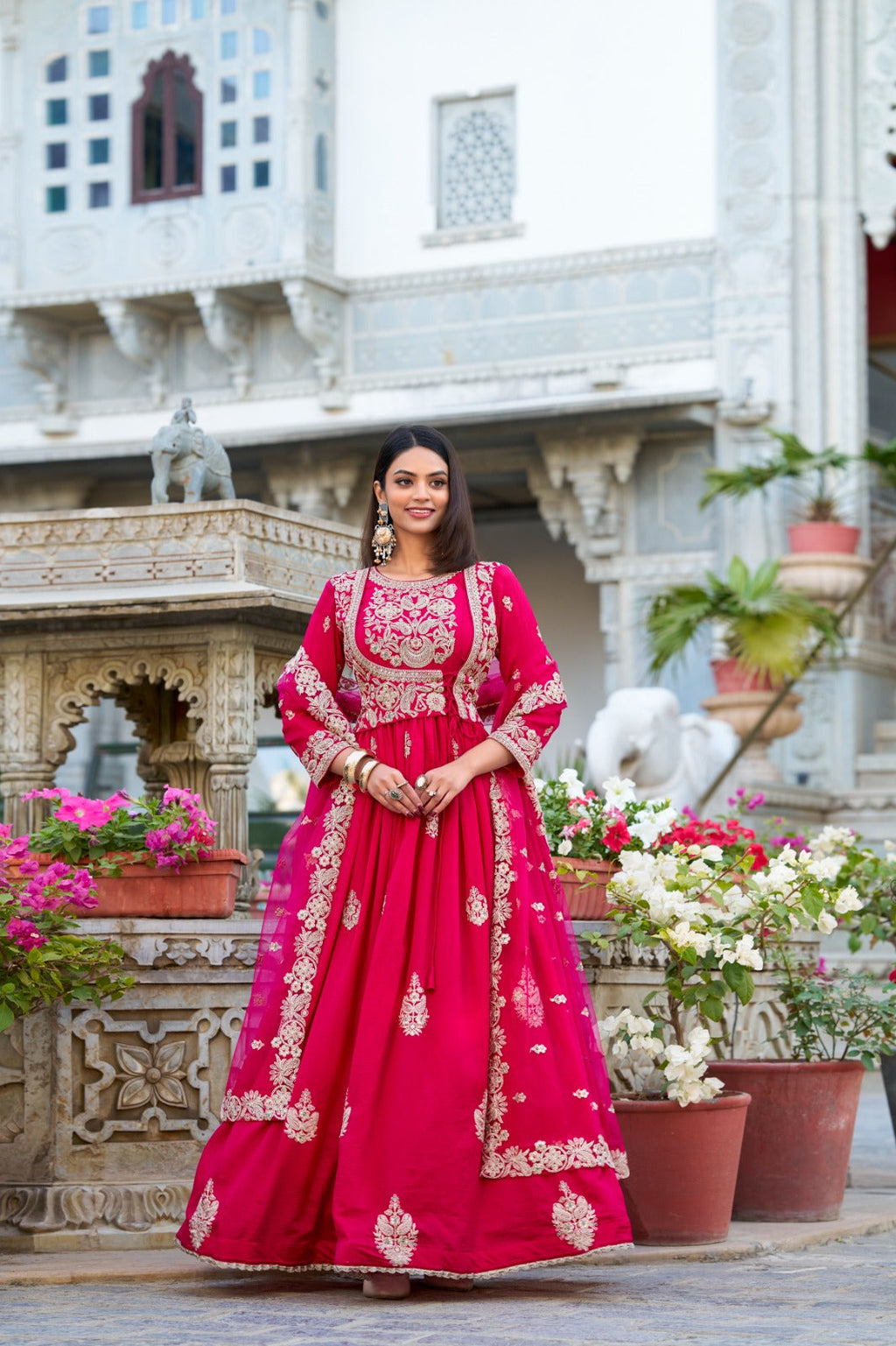 Enchanting Pink Vichitra Silk Thread Embroidered Gown With Dupatta - ETHNICDEAL
