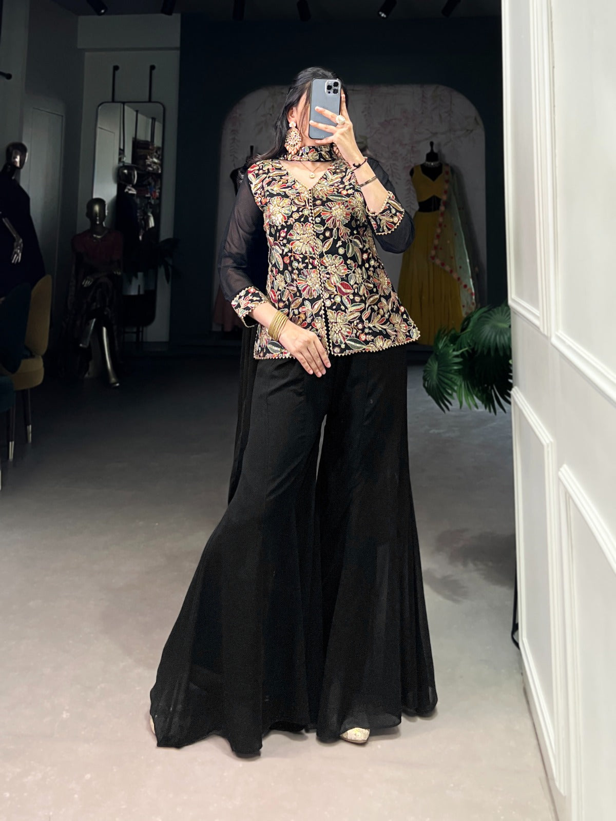 Breathtaking Black Georgette Sequins Thread Worked Top Palazzo Suit - ETHNICDEAL