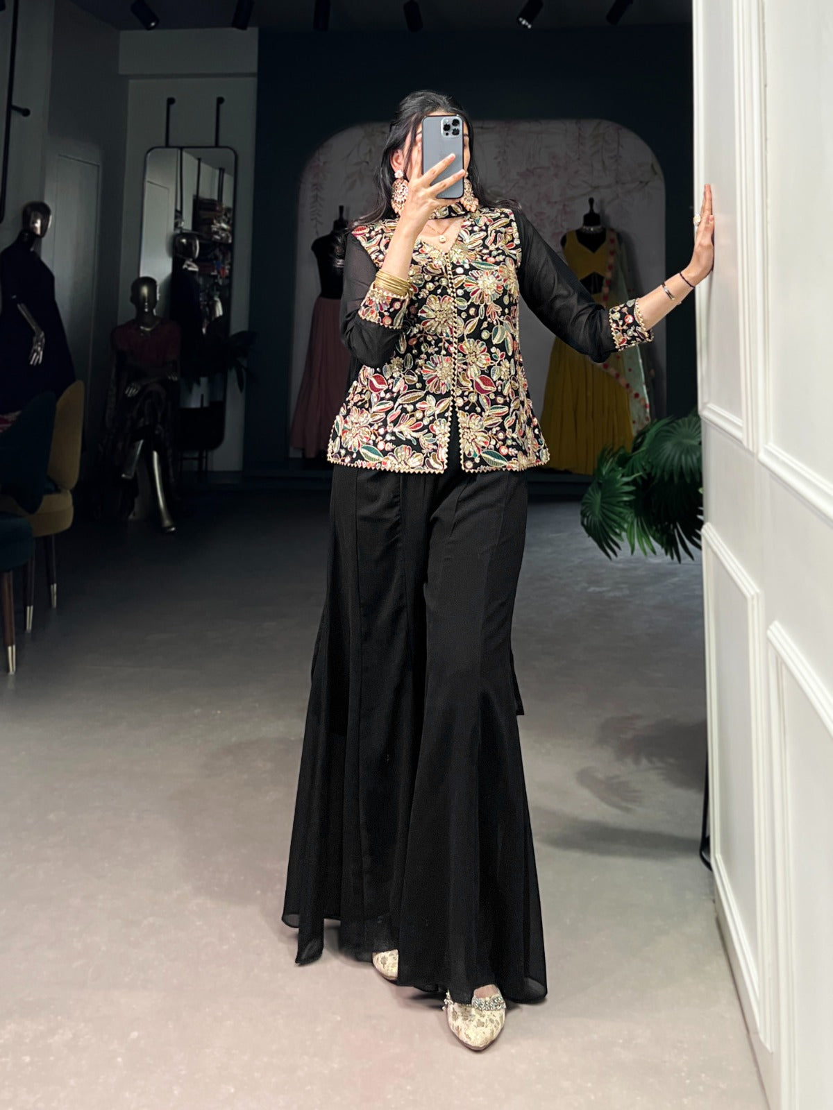 Breathtaking Black Georgette Sequins Thread Worked Top Palazzo Suit - ETHNICDEAL