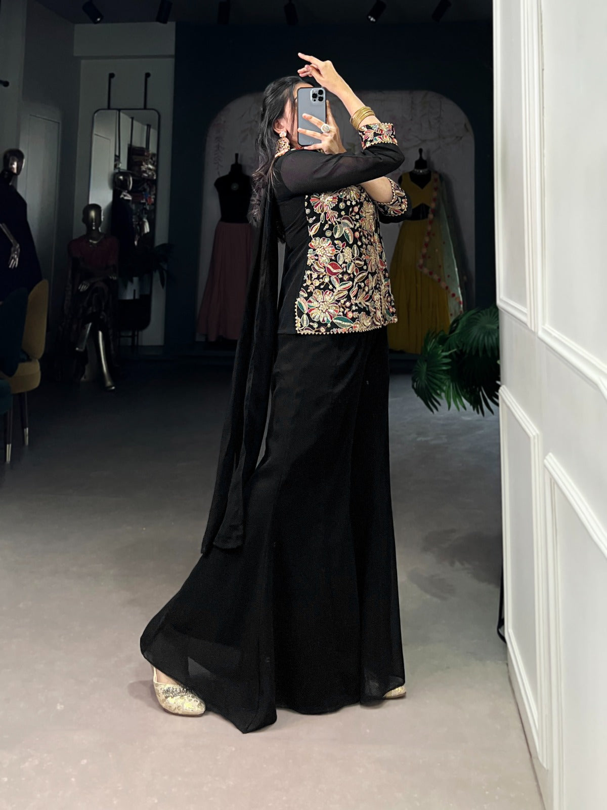 Breathtaking Black Georgette Sequins Thread Worked Top Palazzo Suit - ETHNICDEAL