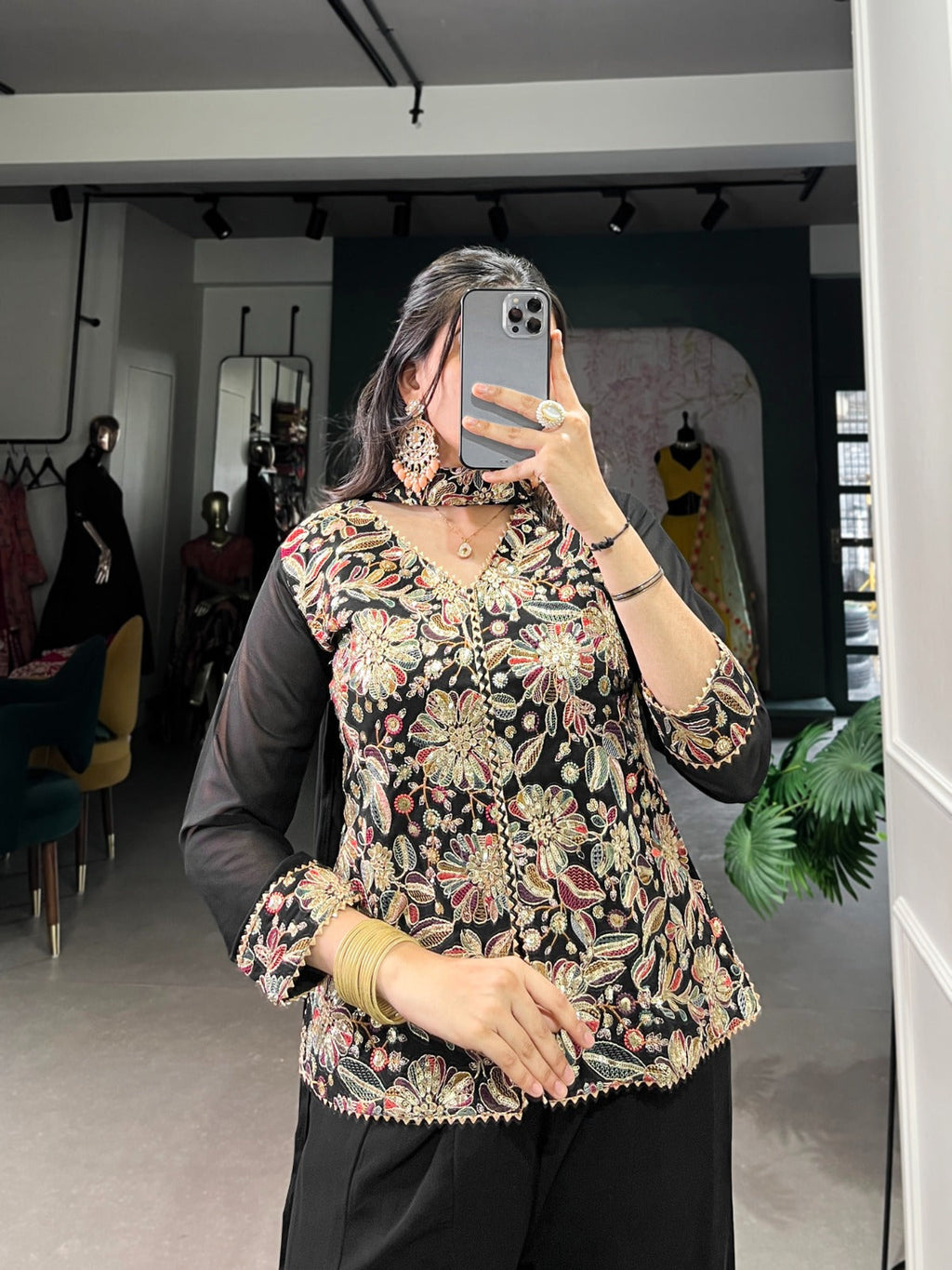 Breathtaking Black Georgette Sequins Thread Worked Top Palazzo Suit - ETHNICDEAL