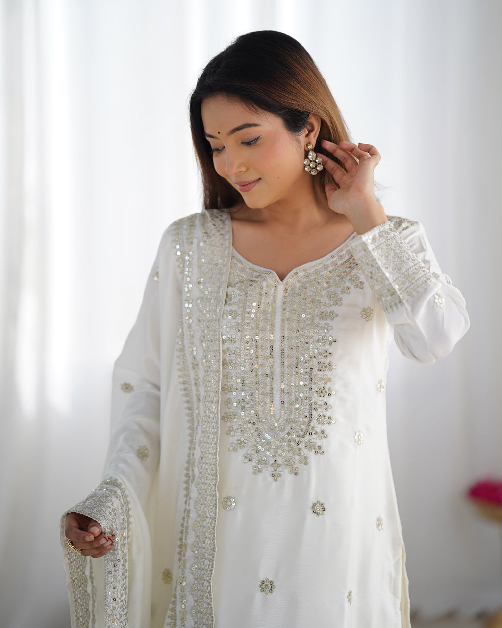 Magnificent Chinon Silk Sequins Embroidered Top Sharara Suit - ETHNICDEAL