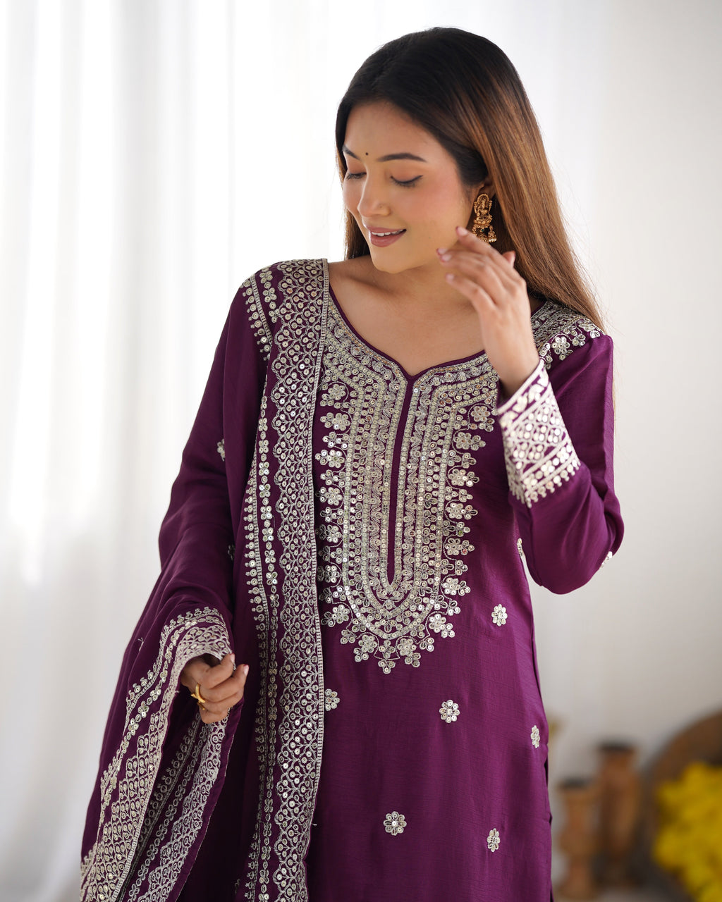 Magnificent Chinon Silk Sequins Embroidered Top Sharara Suit - ETHNICDEAL