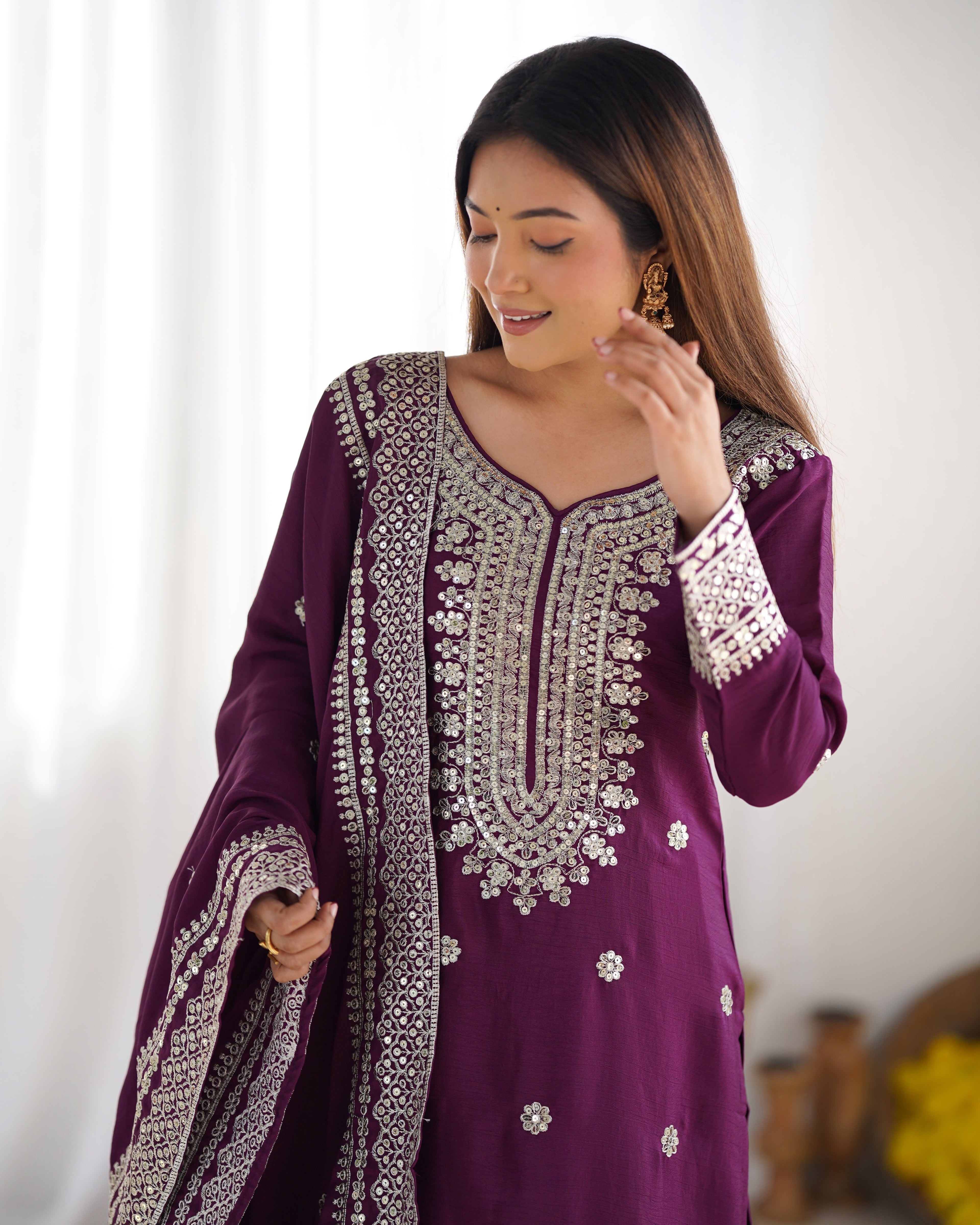 Magnificent Chinon Silk Sequins Embroidered Top Sharara Suit - ETHNICDEAL