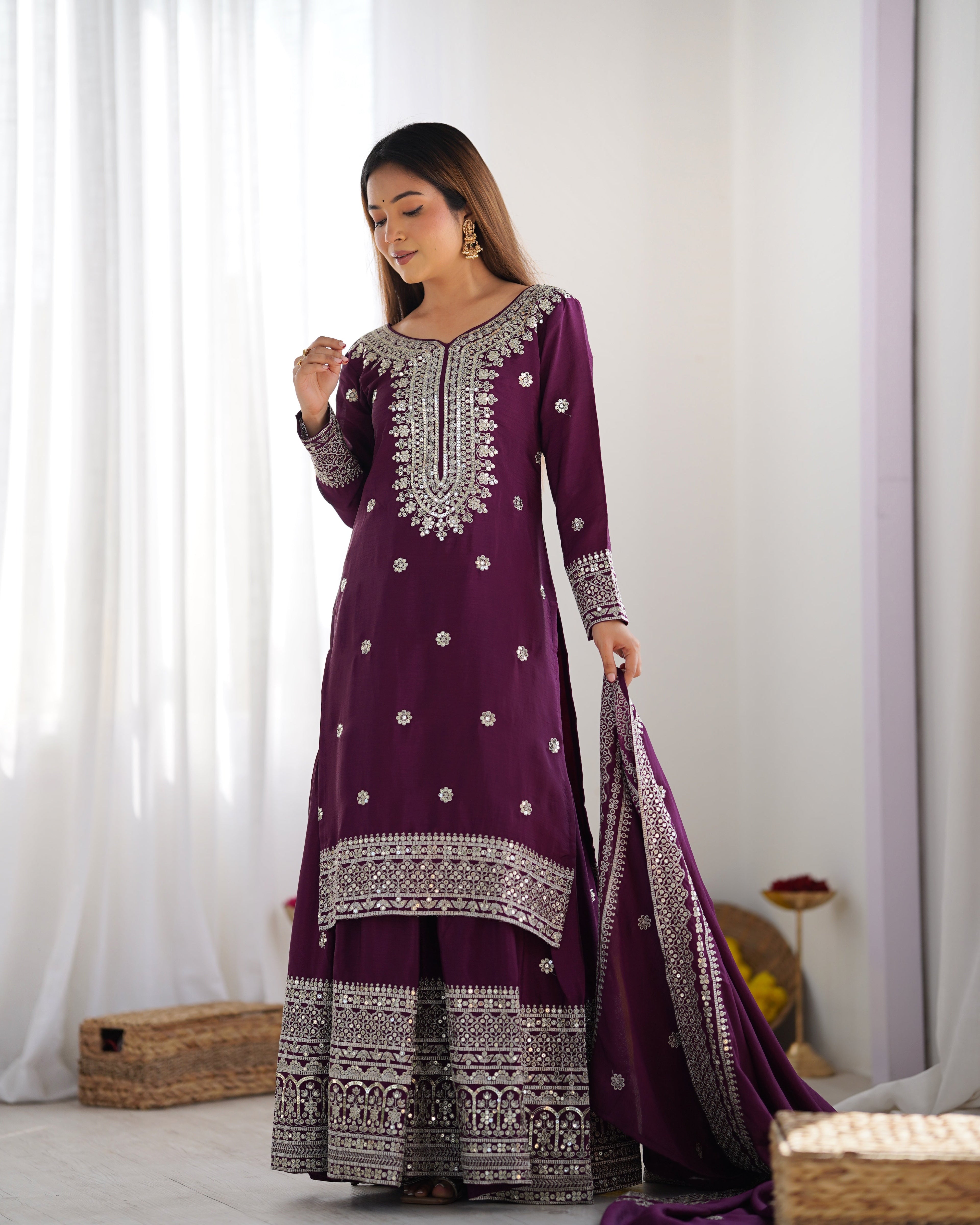 Magnificent Chinon Silk Sequins Embroidered Top Sharara Suit - ETHNICDEAL