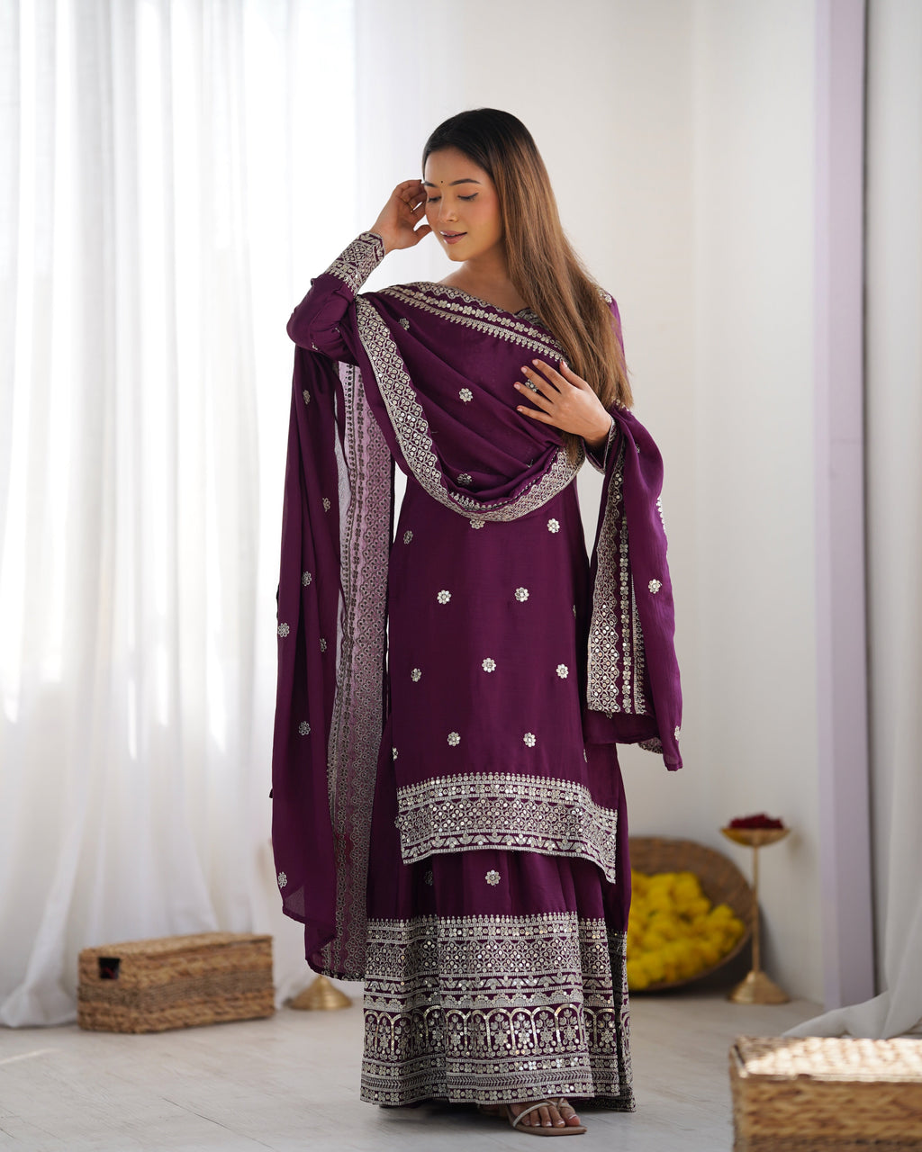 Magnificent Chinon Silk Sequins Embroidered Top Sharara Suit - ETHNICDEAL