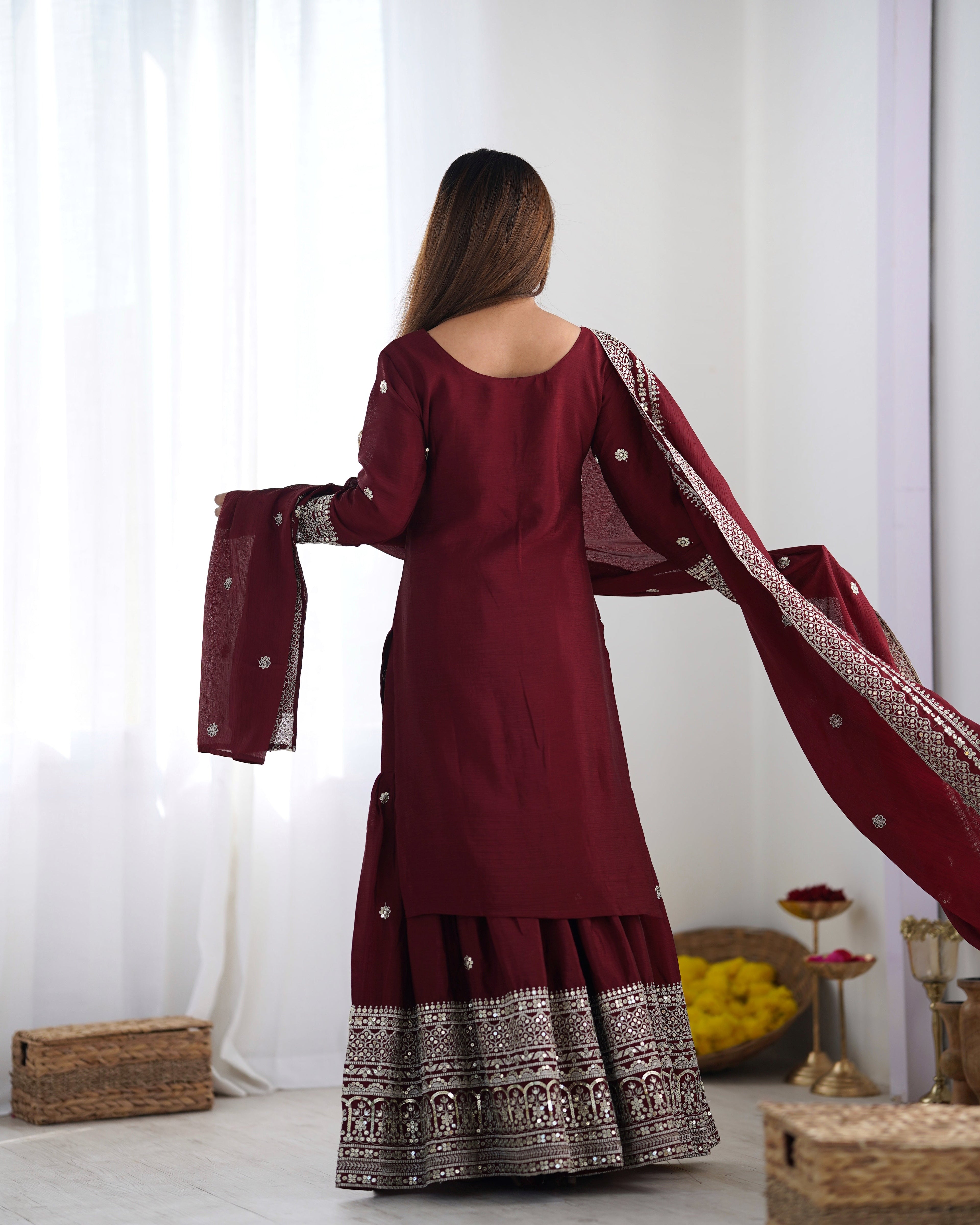 Magnificent Chinon Silk Sequins Embroidered Top Sharara Suit - ETHNICDEAL