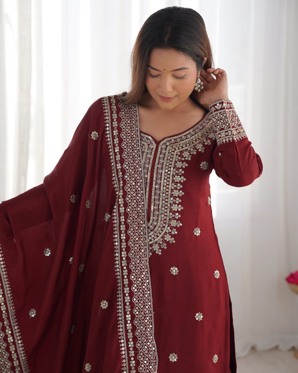 Magnificent Chinon Silk Sequins Embroidered Top Sharara Suit - ETHNICDEAL