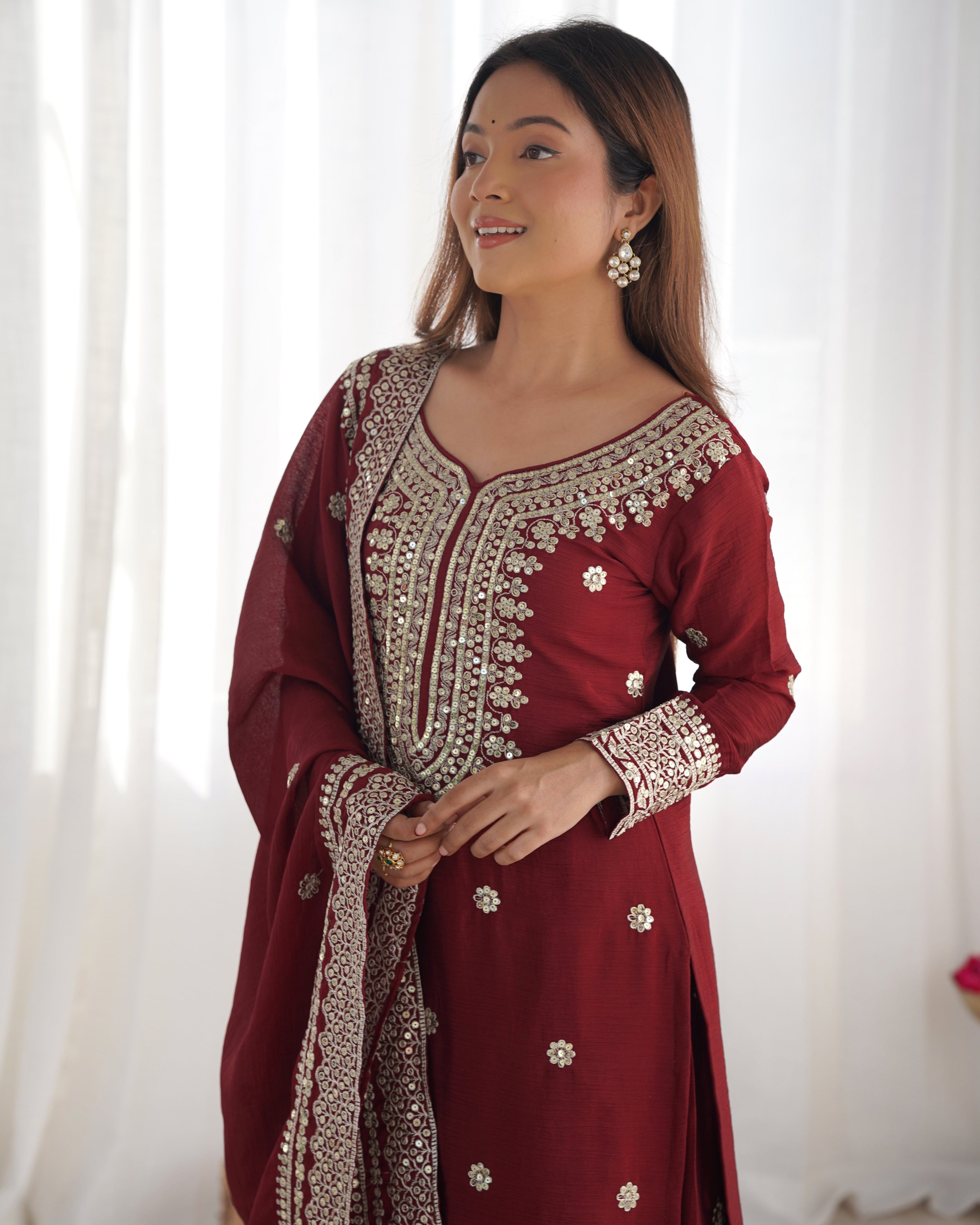 Magnificent Chinon Silk Sequins Embroidered Top Sharara Suit - ETHNICDEAL