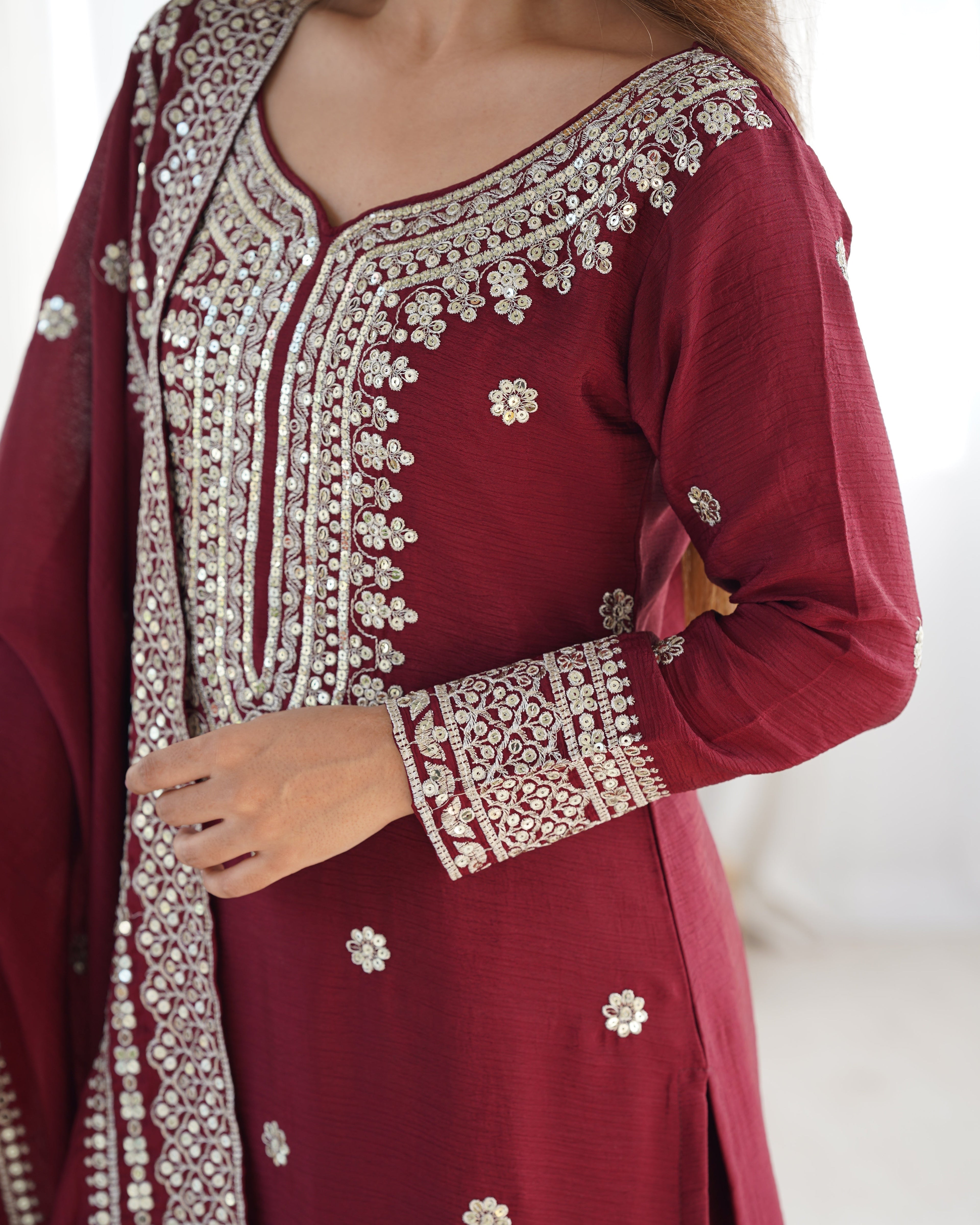Magnificent Chinon Silk Sequins Embroidered Top Sharara Suit - ETHNICDEAL
