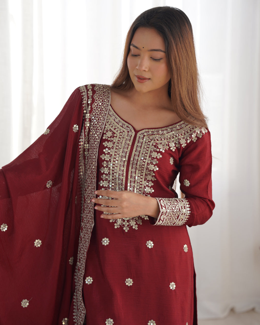 Magnificent Chinon Silk Sequins Embroidered Top Sharara Suit - ETHNICDEAL