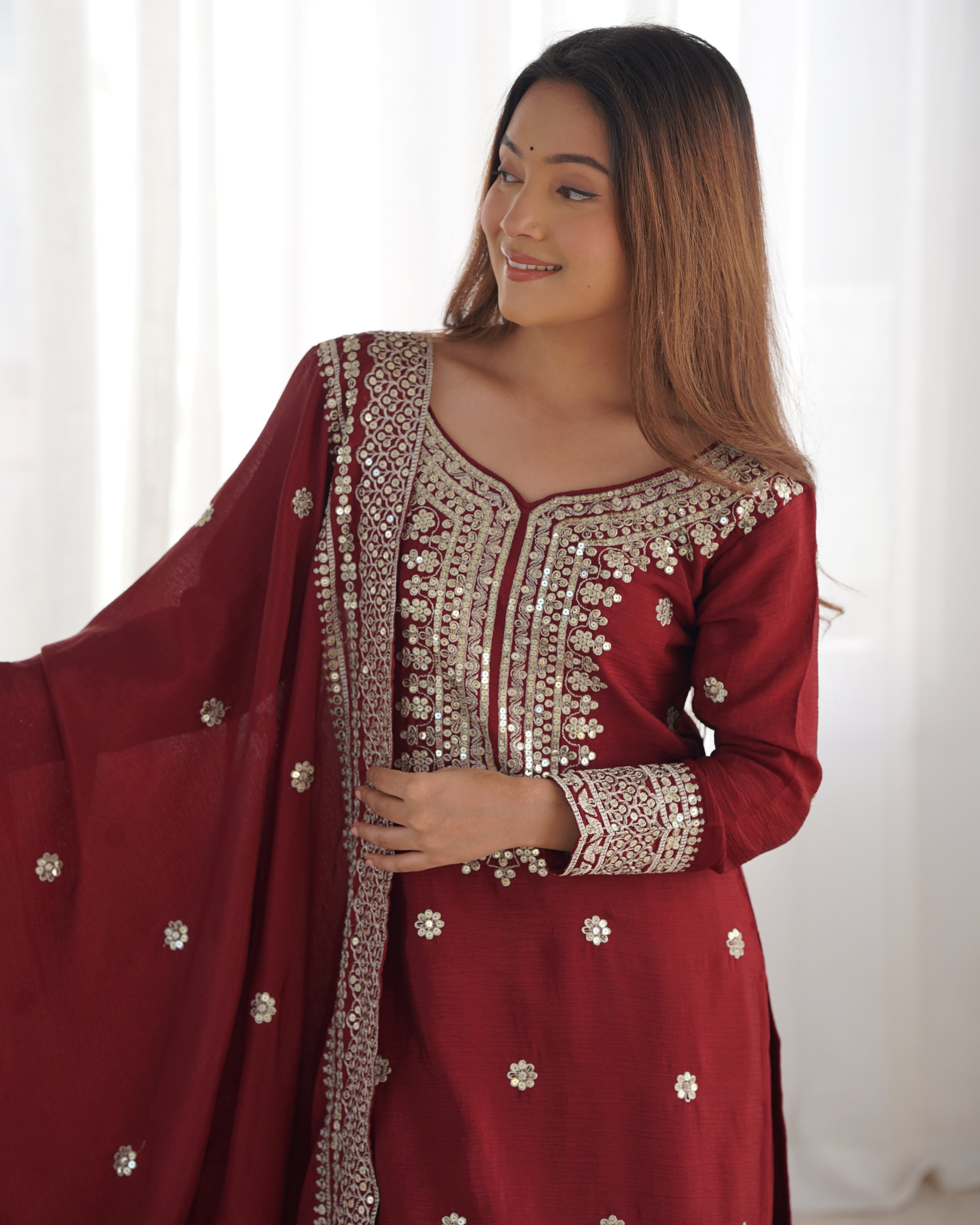 Magnificent Chinon Silk Sequins Embroidered Top Sharara Suit - ETHNICDEAL