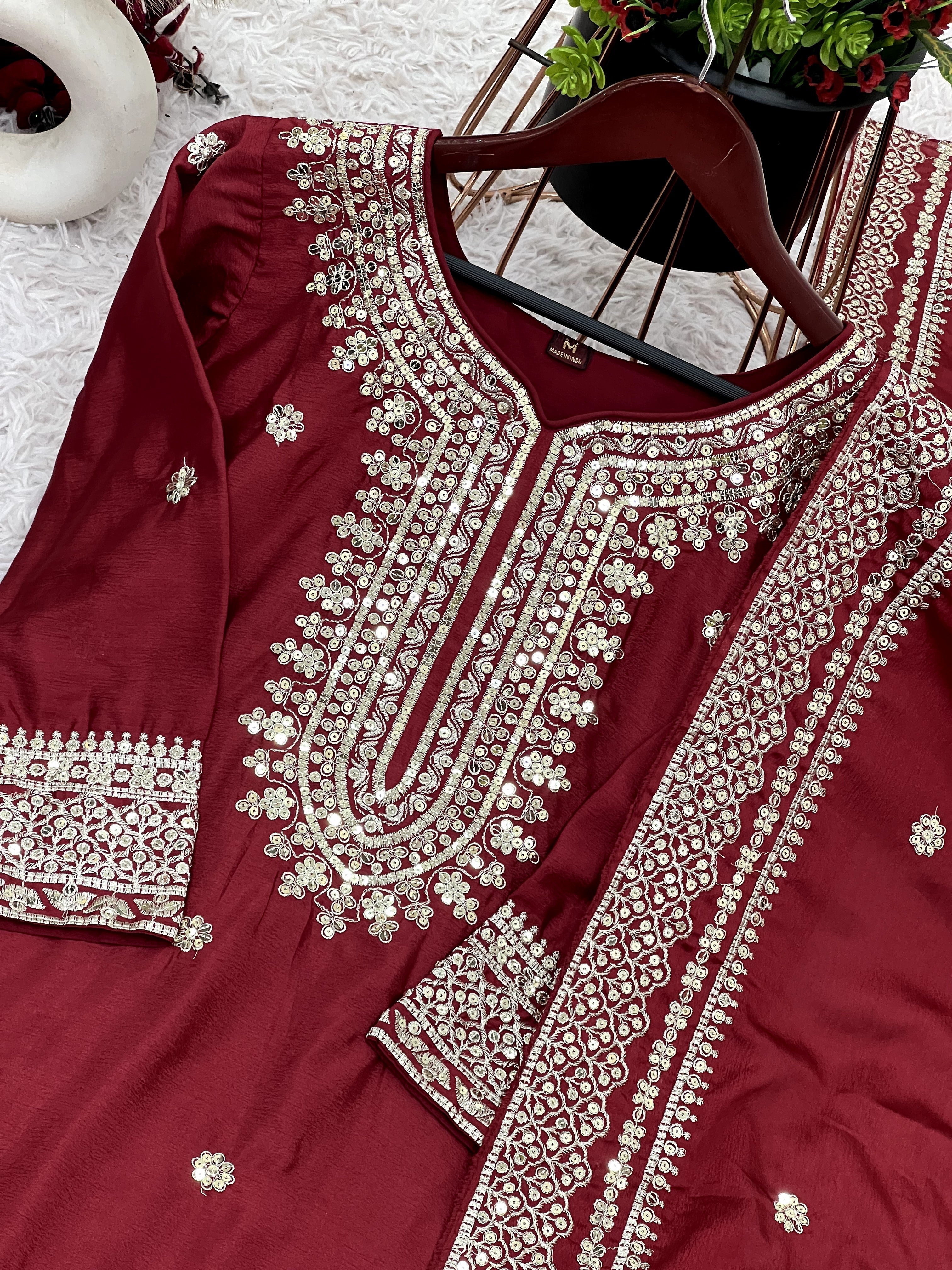 Magnificent Chinon Silk Sequins Embroidered Top Sharara Suit - ETHNICDEAL