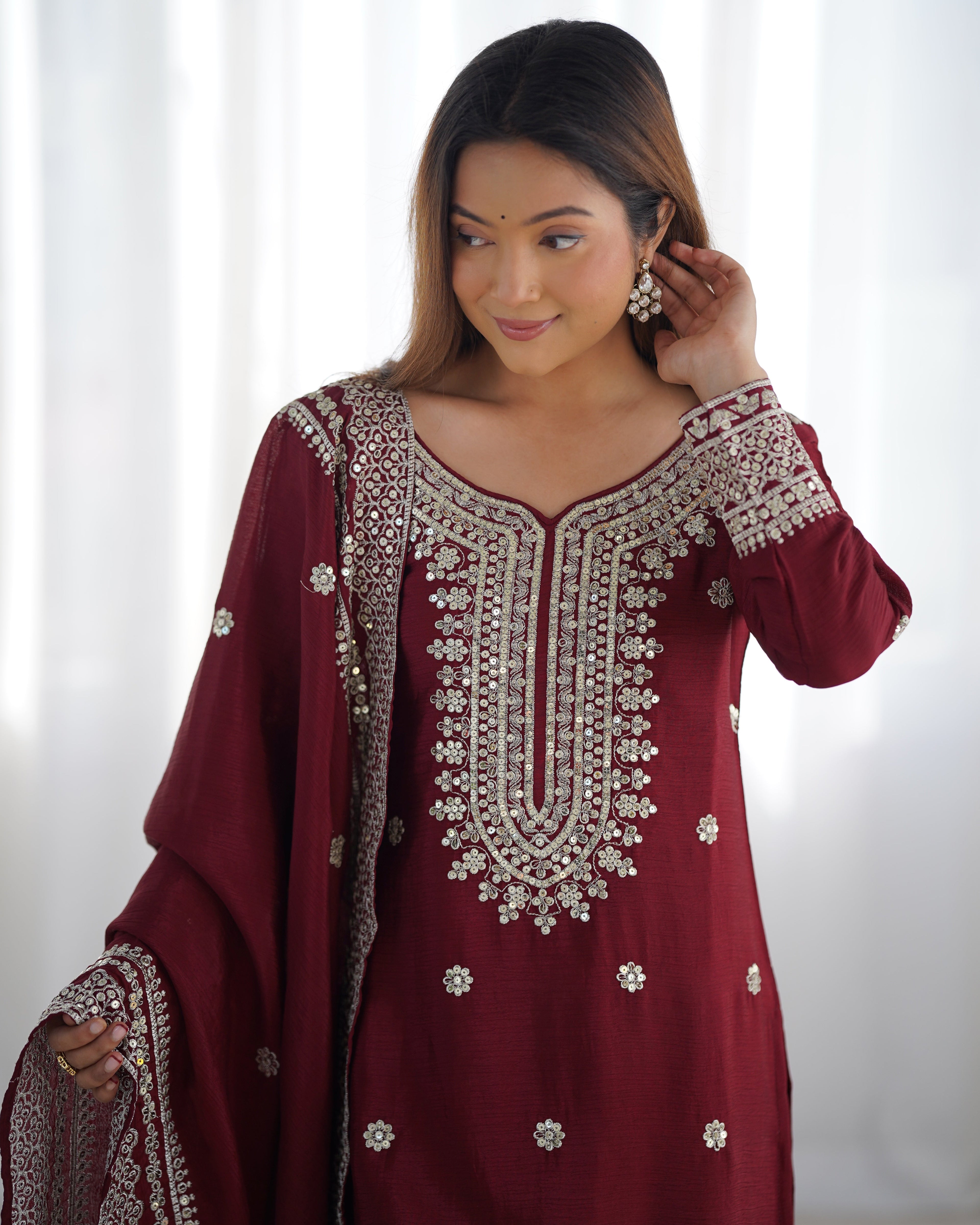 Magnificent Chinon Silk Sequins Embroidered Top Sharara Suit - ETHNICDEAL