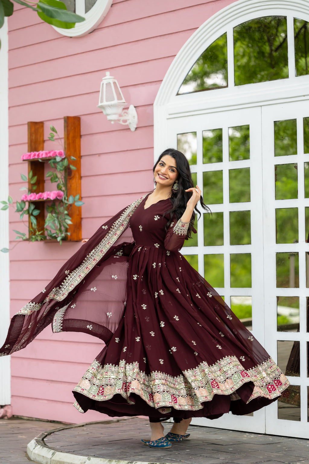Graceful Faux Georgette Sequins Embroidered Designer Gown - Ethnicwish