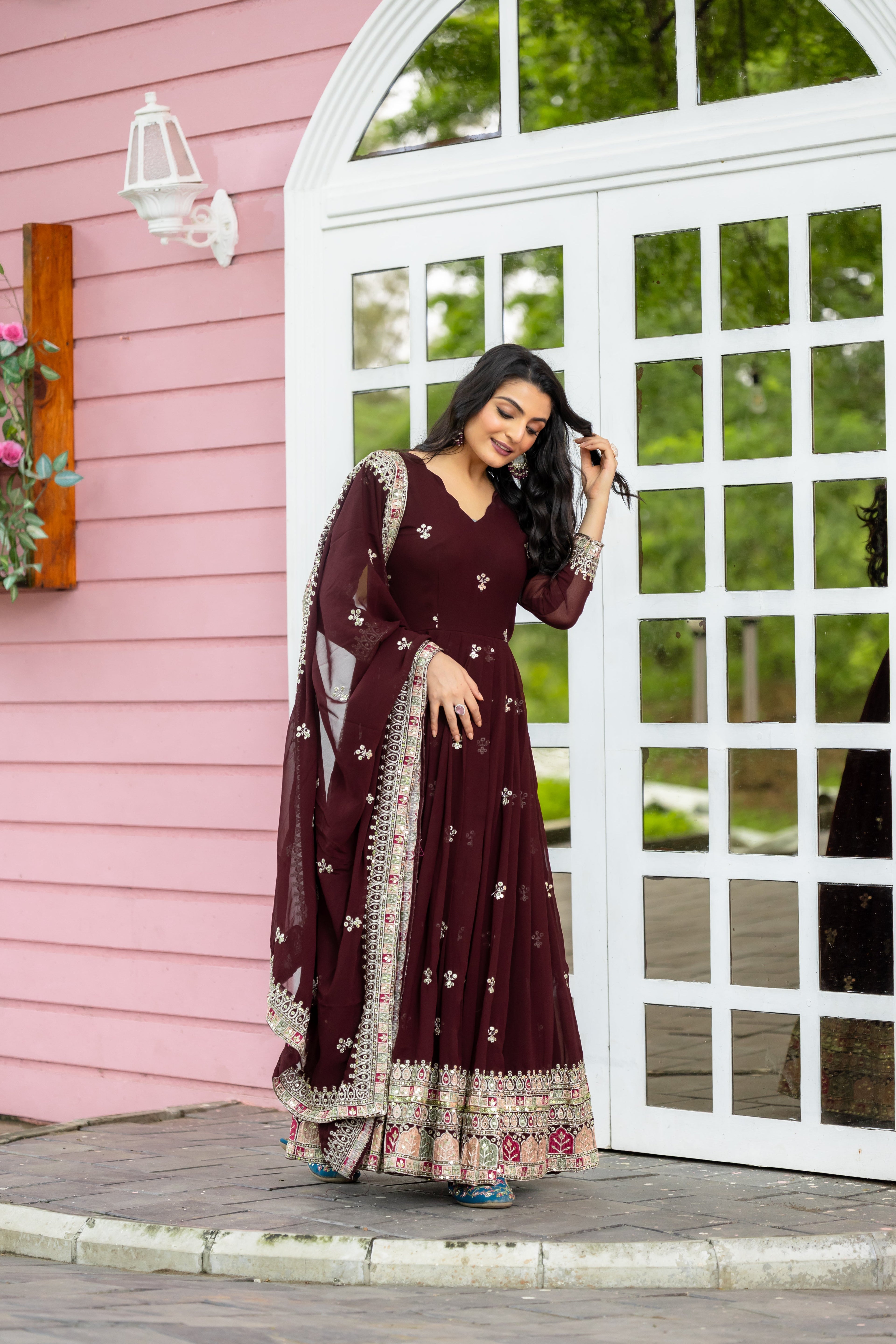 Graceful Faux Georgette Sequins Embroidered Designer Gown - Ethnicwish
