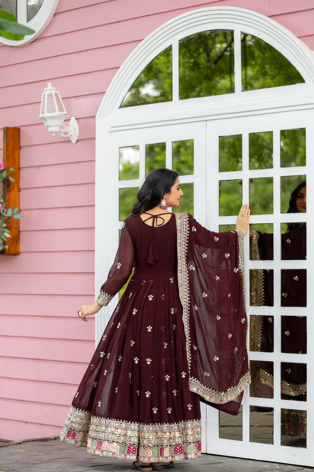 Graceful Faux Georgette Sequins Embroidered Designer Gown - Ethnicwish