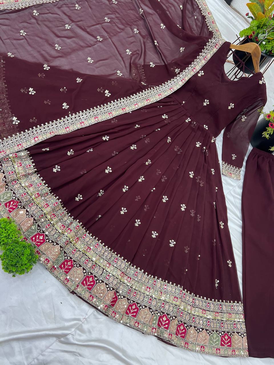 Graceful Faux Georgette Sequins Embroidered Designer Gown - Ethnicwish