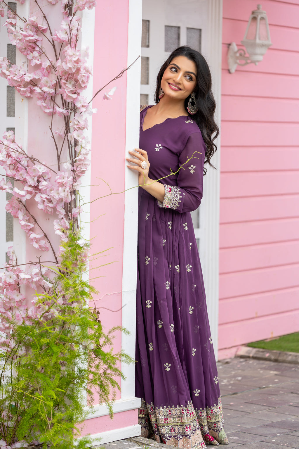 Graceful Faux Georgette Sequins Embroidered Designer Gown - Ethnicwish
