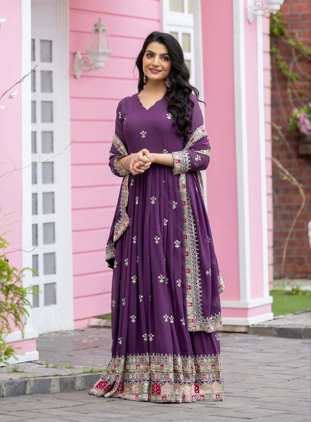 Graceful Faux Georgette Sequins Embroidered Designer Gown - Ethnicwish