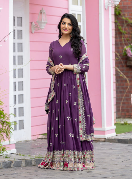 Graceful Faux Georgette Sequins Embroidered Designer Gown - Ethnicwish