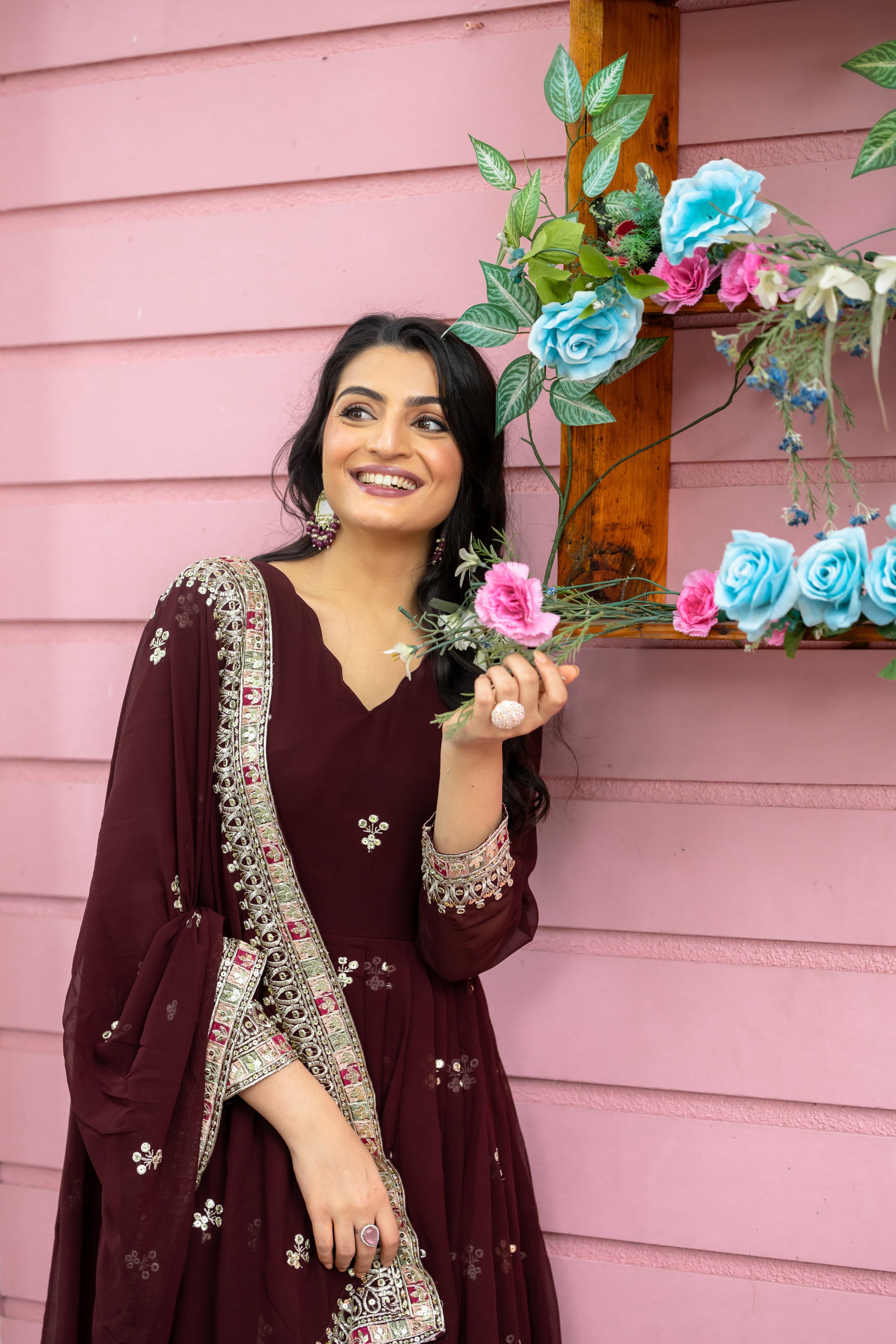 Graceful Faux Georgette Sequins Embroidered Designer Gown - Ethnicwish