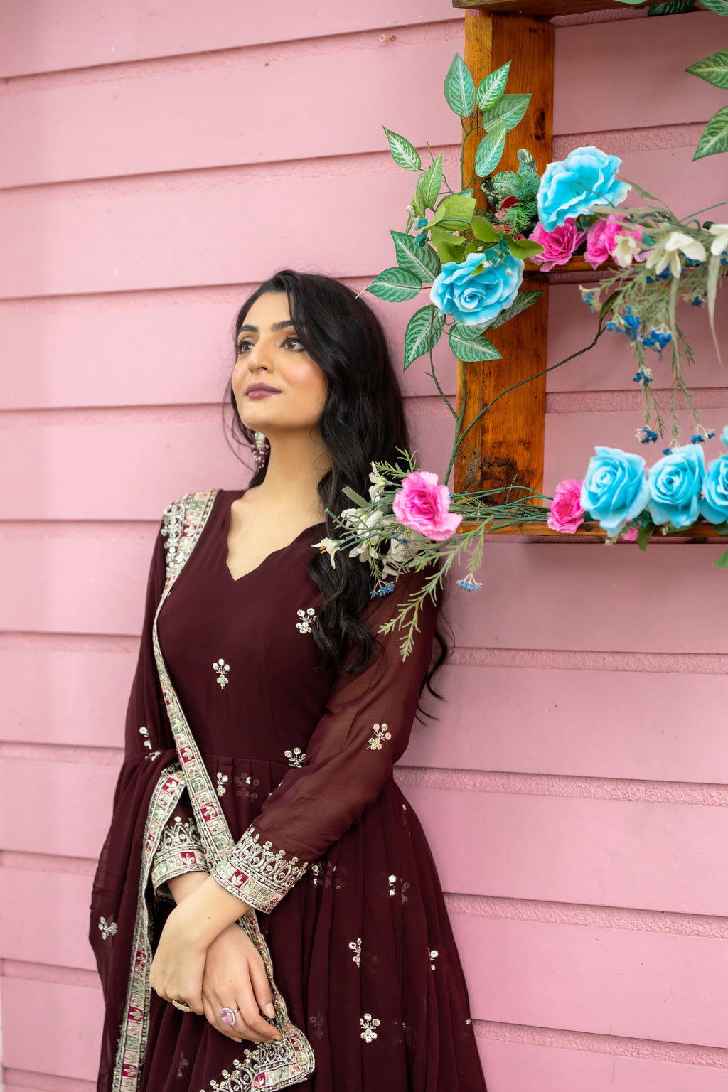 Graceful Faux Georgette Sequins Embroidered Designer Gown - Ethnicwish