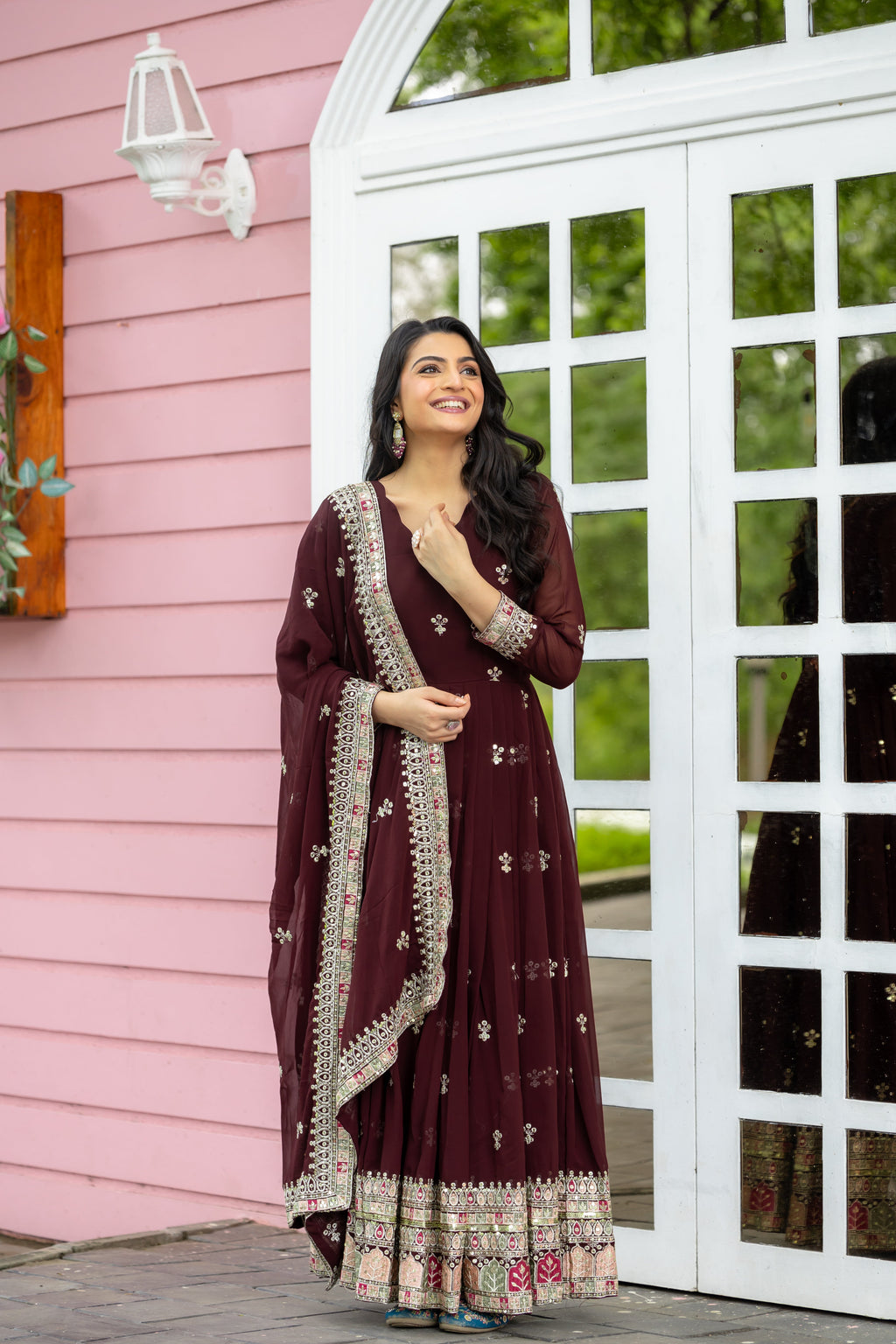 Graceful Faux Georgette Sequins Embroidered Designer Gown - Ethnicwish