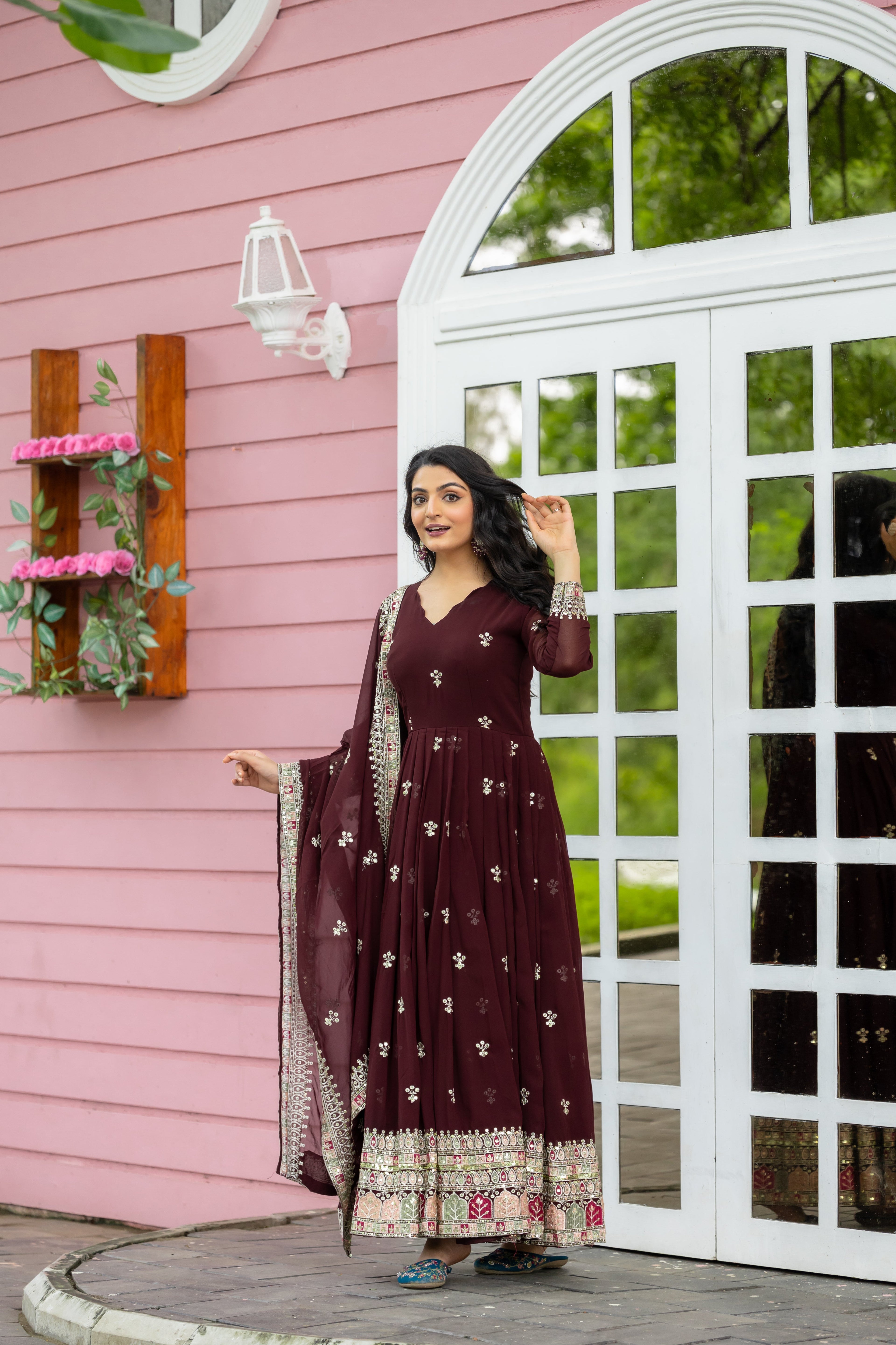 Graceful Faux Georgette Sequins Embroidered Designer Gown - Ethnicwish