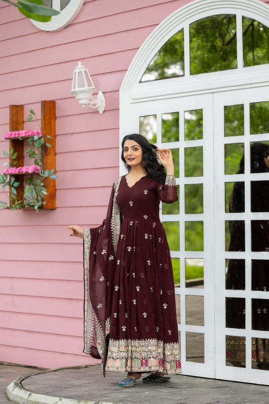 Graceful Faux Georgette Sequins Embroidered Designer Gown - Ethnicwish