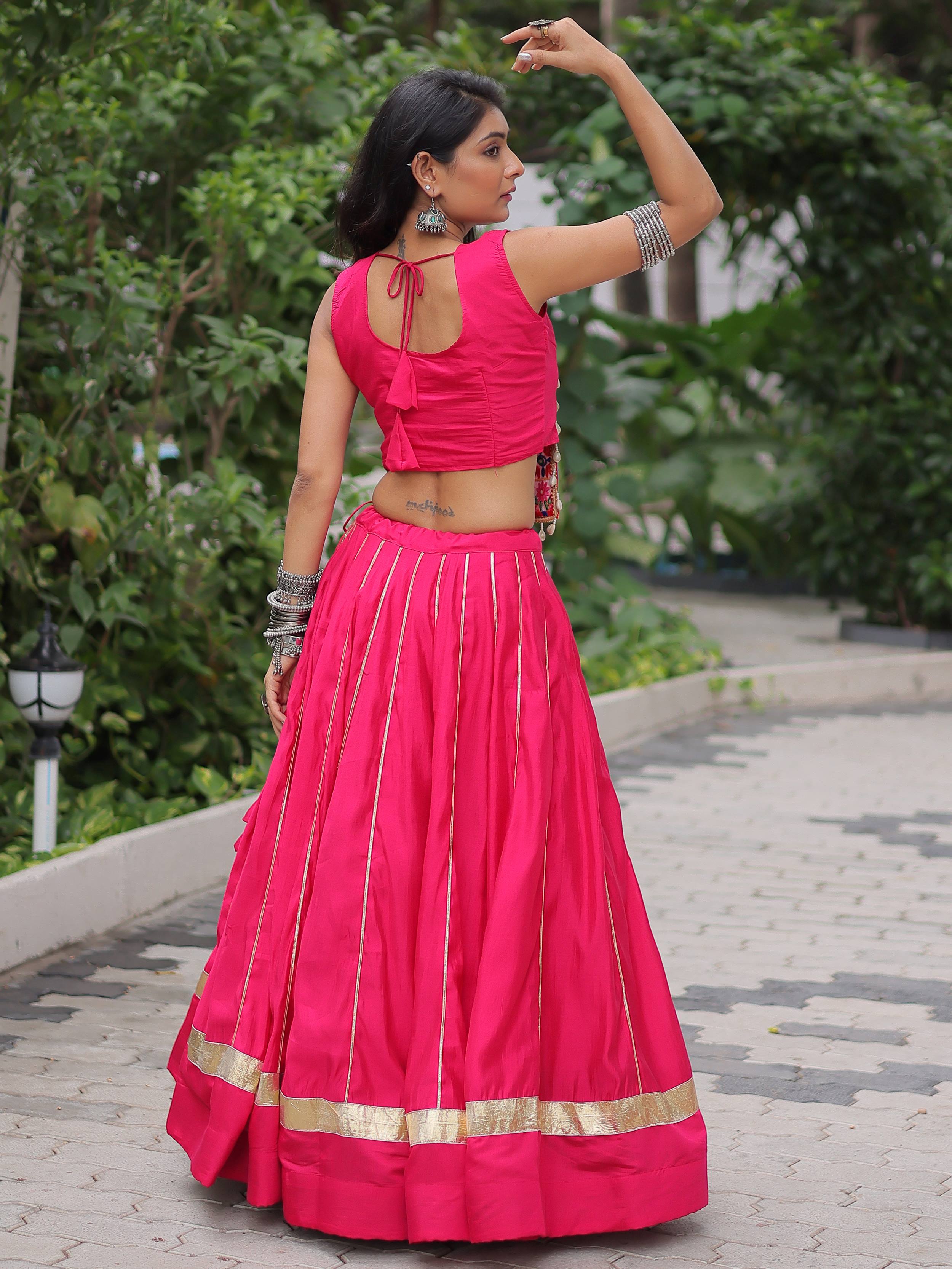 Gorgeous Pink Silk Kutchi Gamthi Work Navratri Wear Crop Top Lehenga