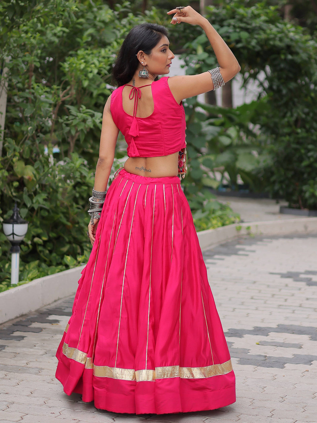 Gorgeous Pink Silk Kutchi Gamthi Work Navratri Wear Crop Top Lehenga