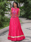 Gorgeous Pink Silk Kutchi Gamthi Work Navratri Wear Crop Top Lehenga
