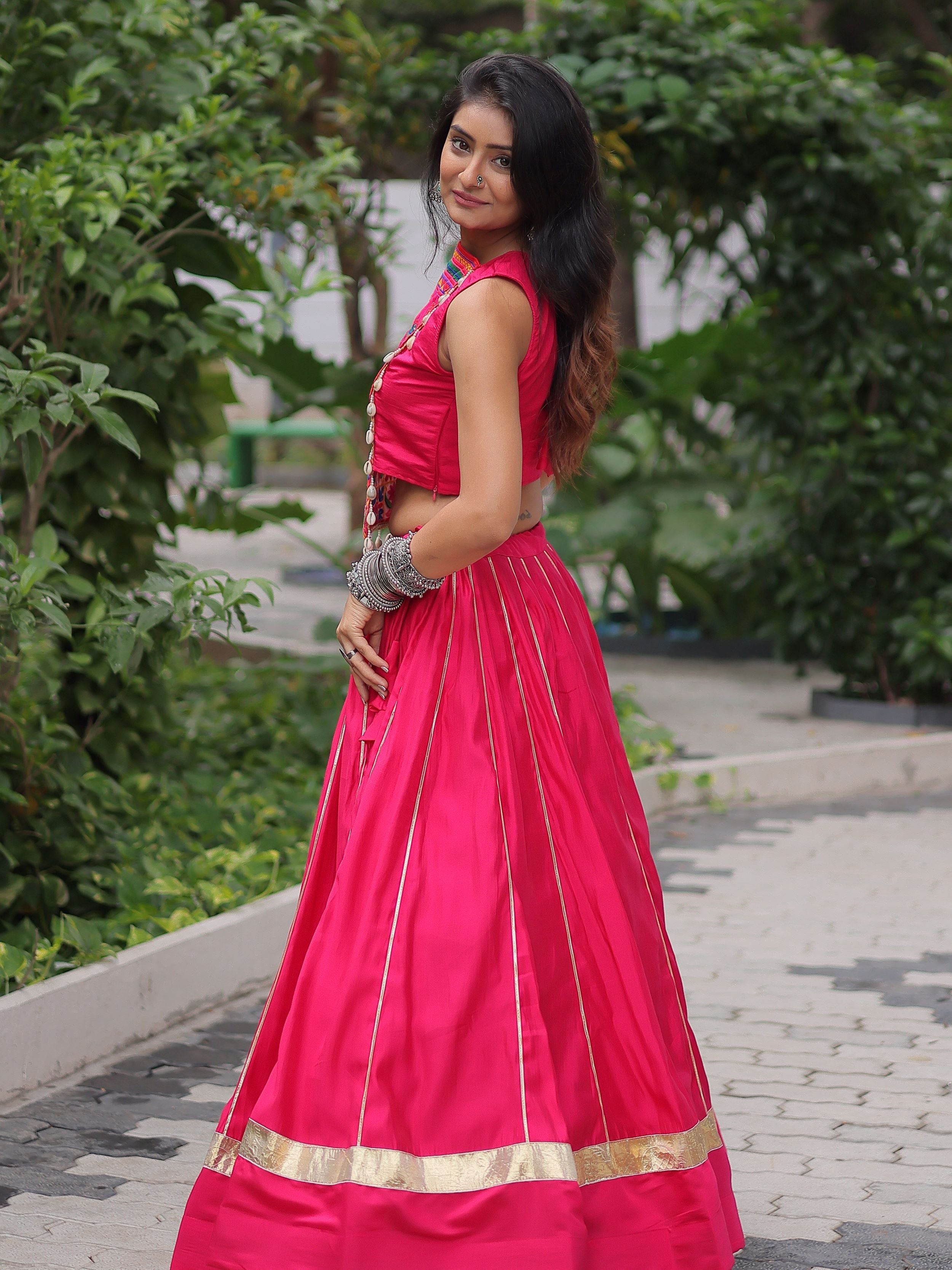 Gorgeous Pink Silk Kutchi Gamthi Work Navratri Wear Crop Top Lehenga