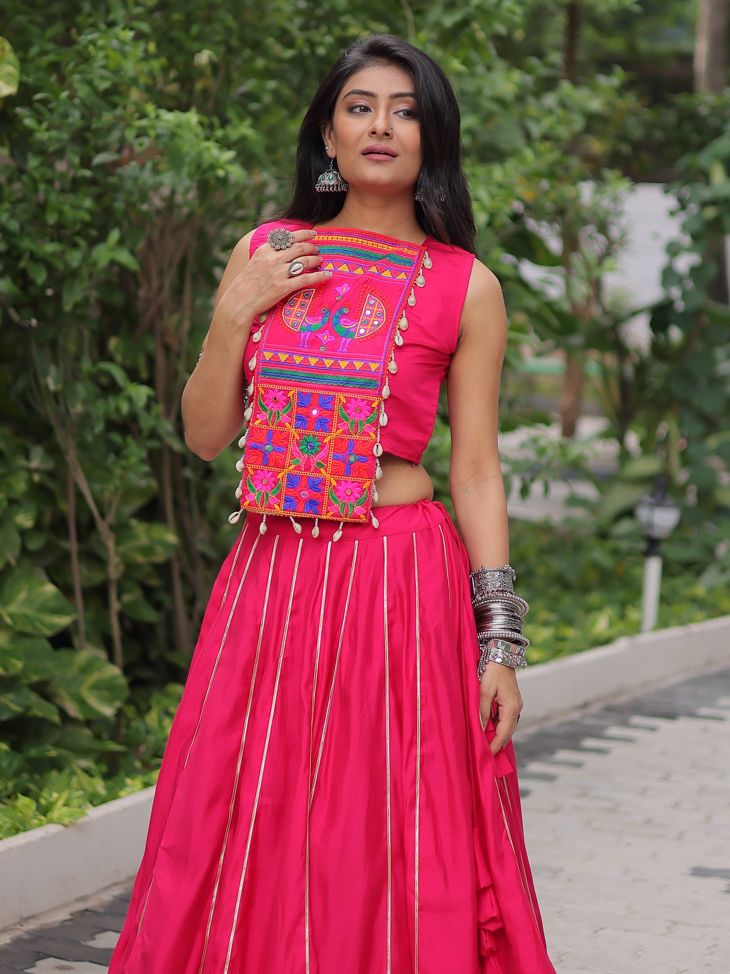 Gorgeous Pink Silk Kutchi Gamthi Work Navratri Wear Crop Top Lehenga