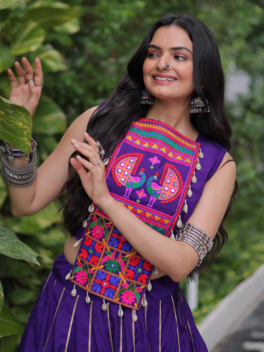 Alluring Purple Silk Gota Patti Work Navratri Special Crop Top Lehenga