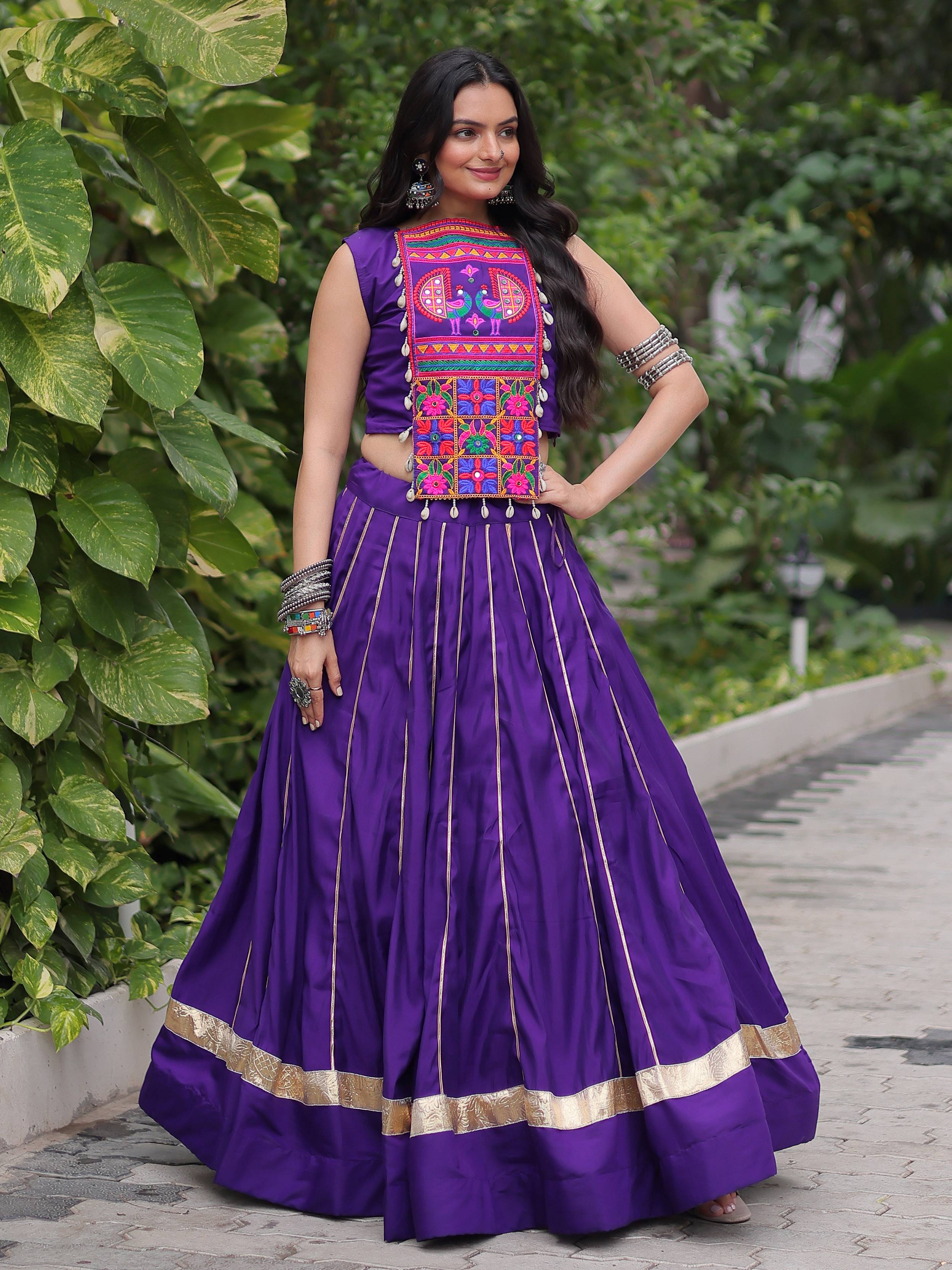 Alluring Purple Silk Gota Patti Work Navratri Special Crop Top Lehenga
